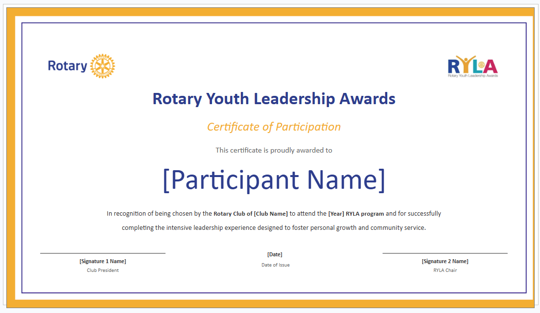 RYLA Certificate of Participation template preview showing Rotary Youth Leadership Awards branding, participant name placeholder, and signature lines for Club President and RYLA Chair