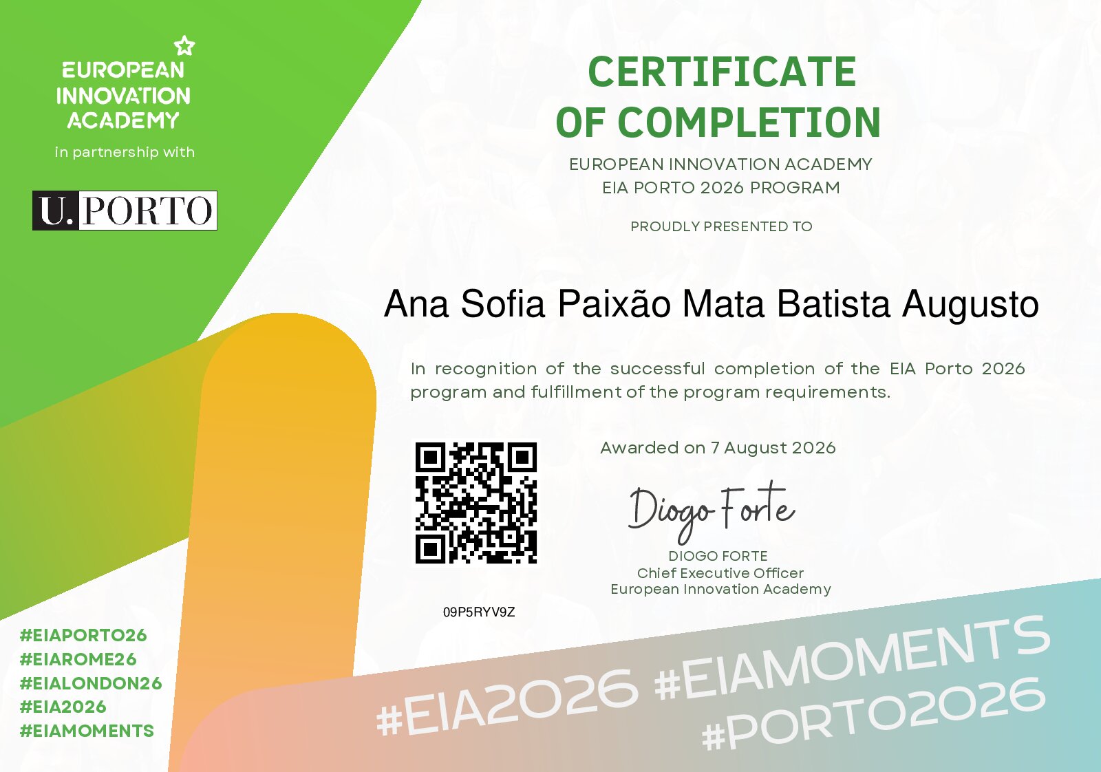 Certificate for Ana Sofia Paixão Mata Batista Augusto