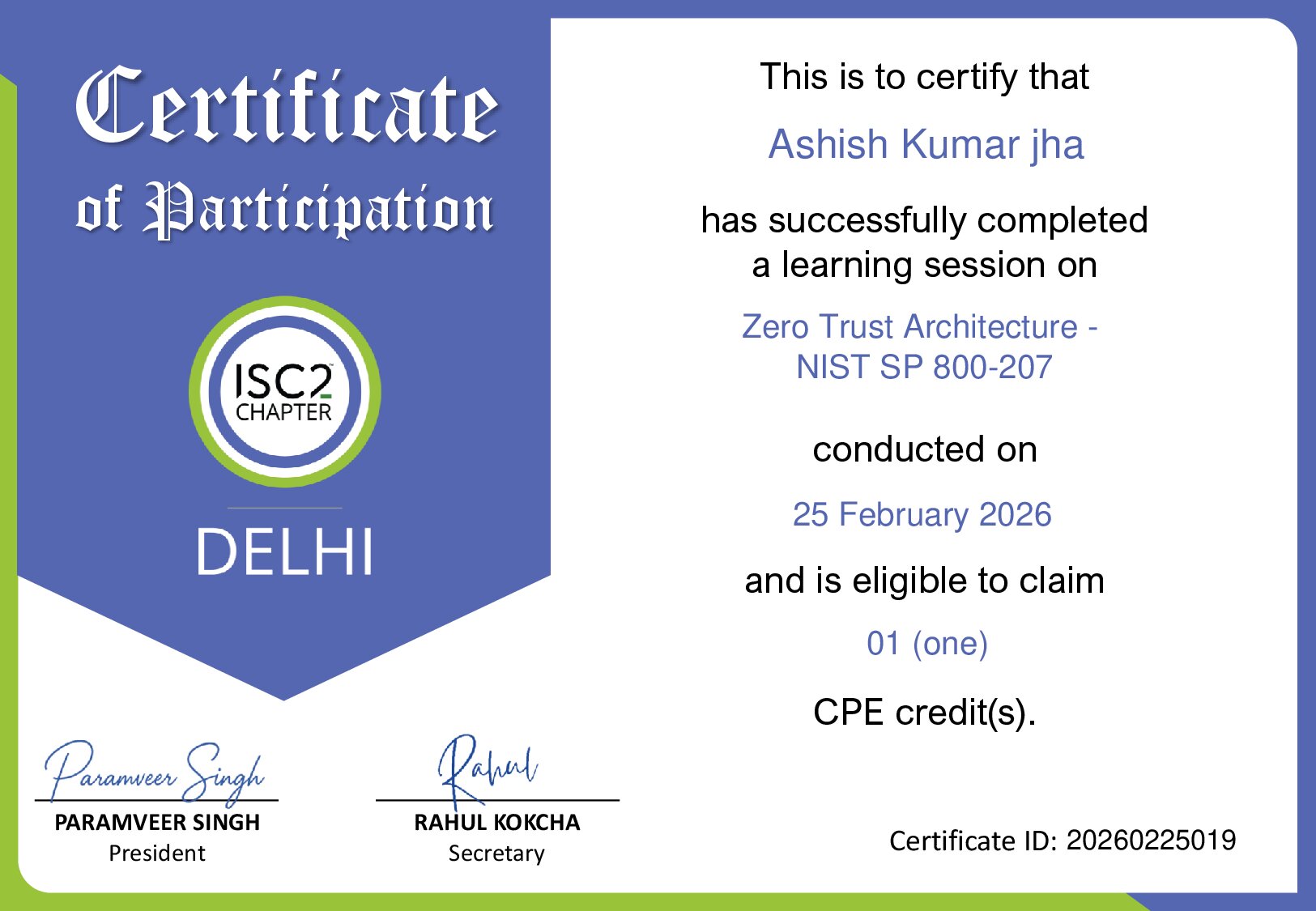 Certificate for Ashish Kumar jha