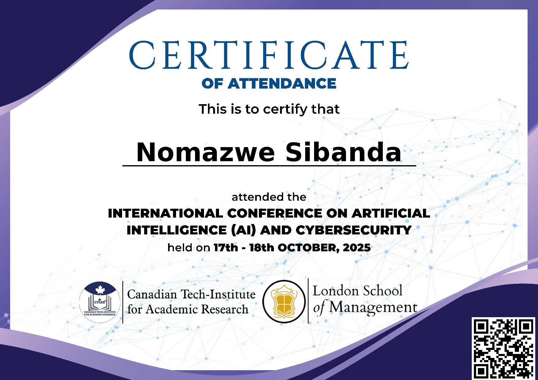 Certificate for Nomazwe Sibanda