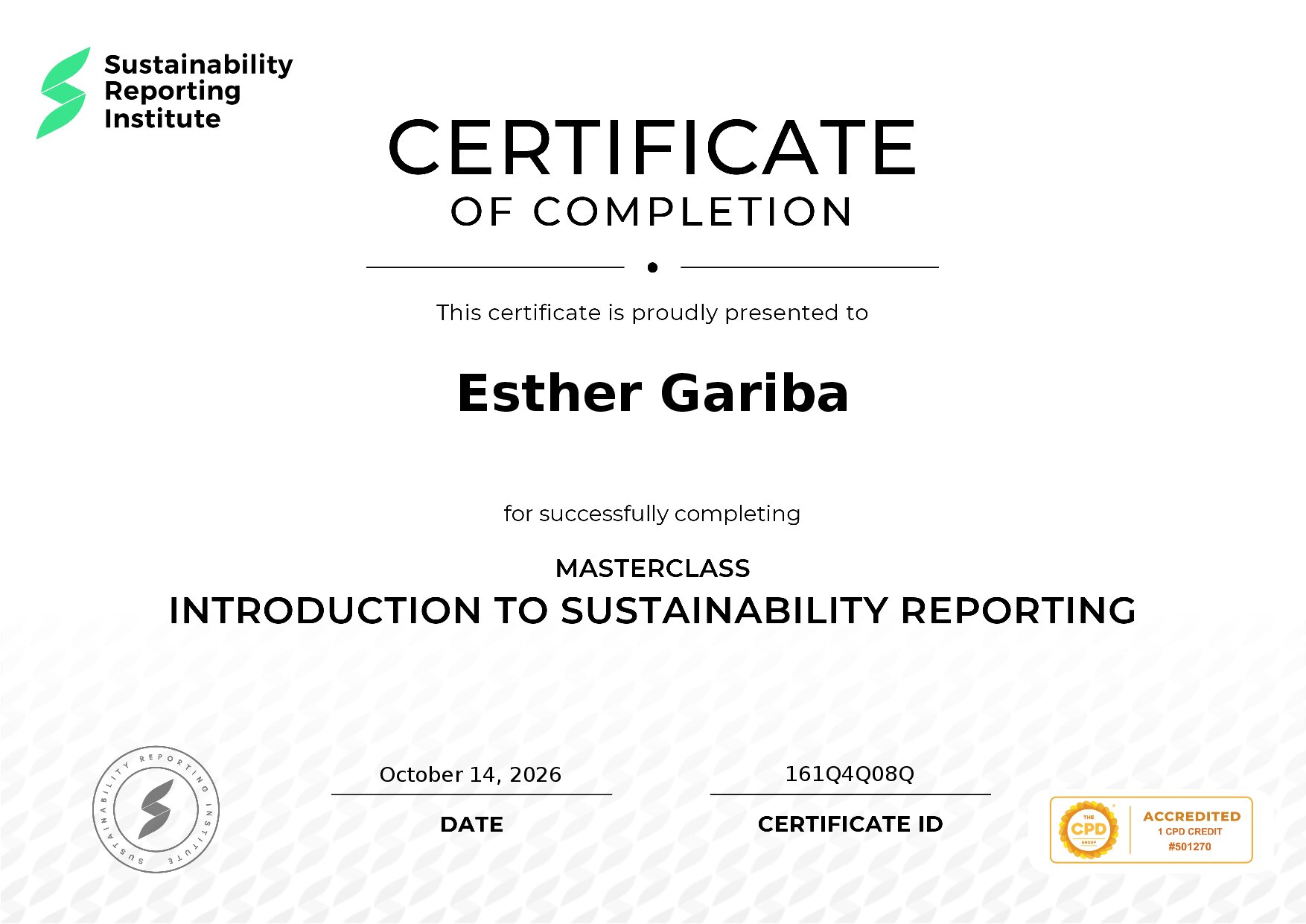 Certificate for Esther Gariba