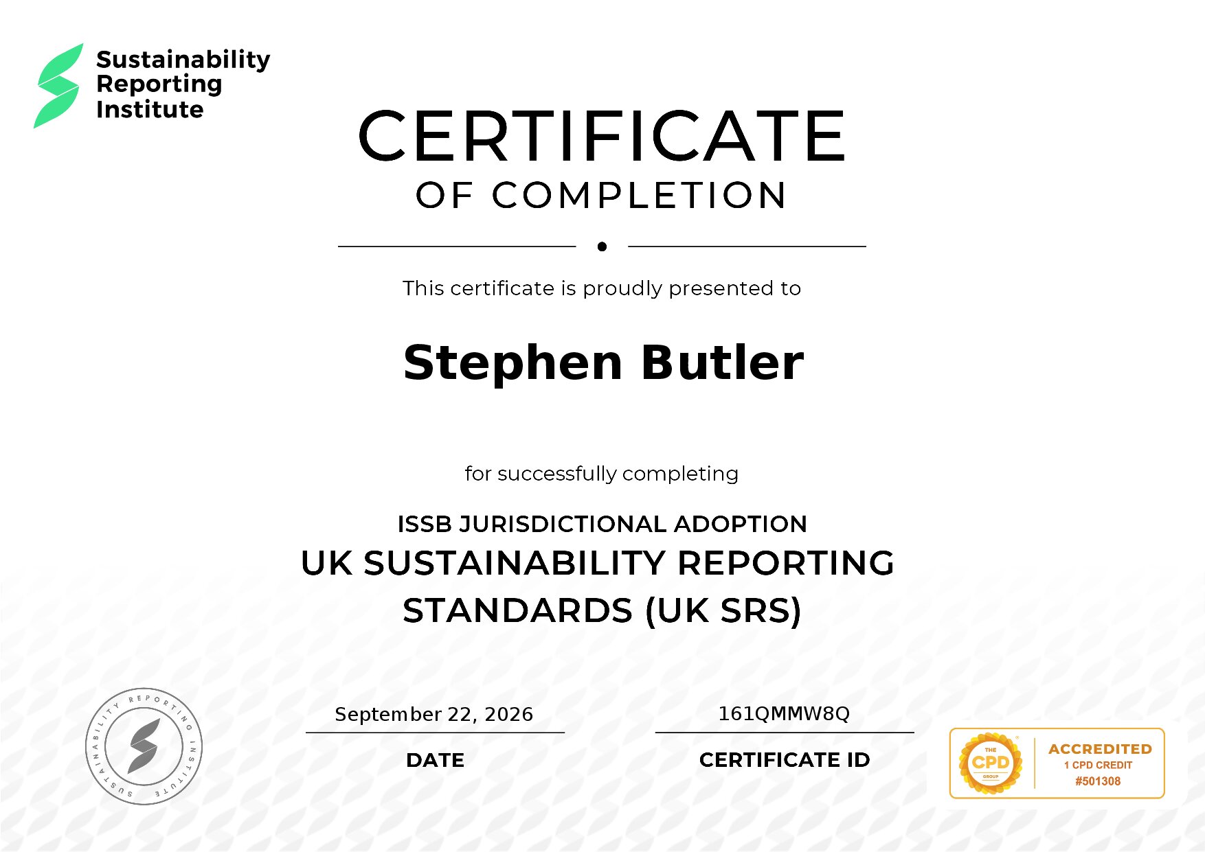 Certificate for Stephen Butler