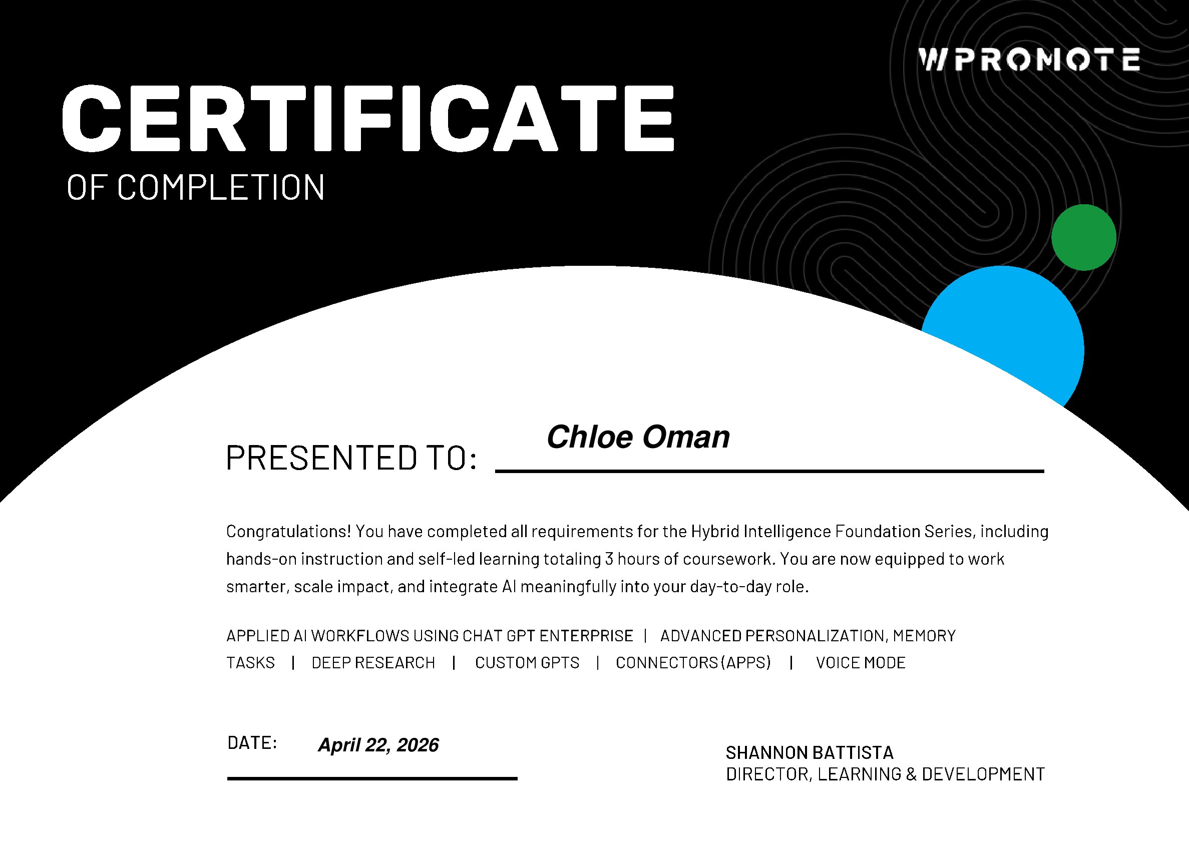 Certificate for Chloe Oman
