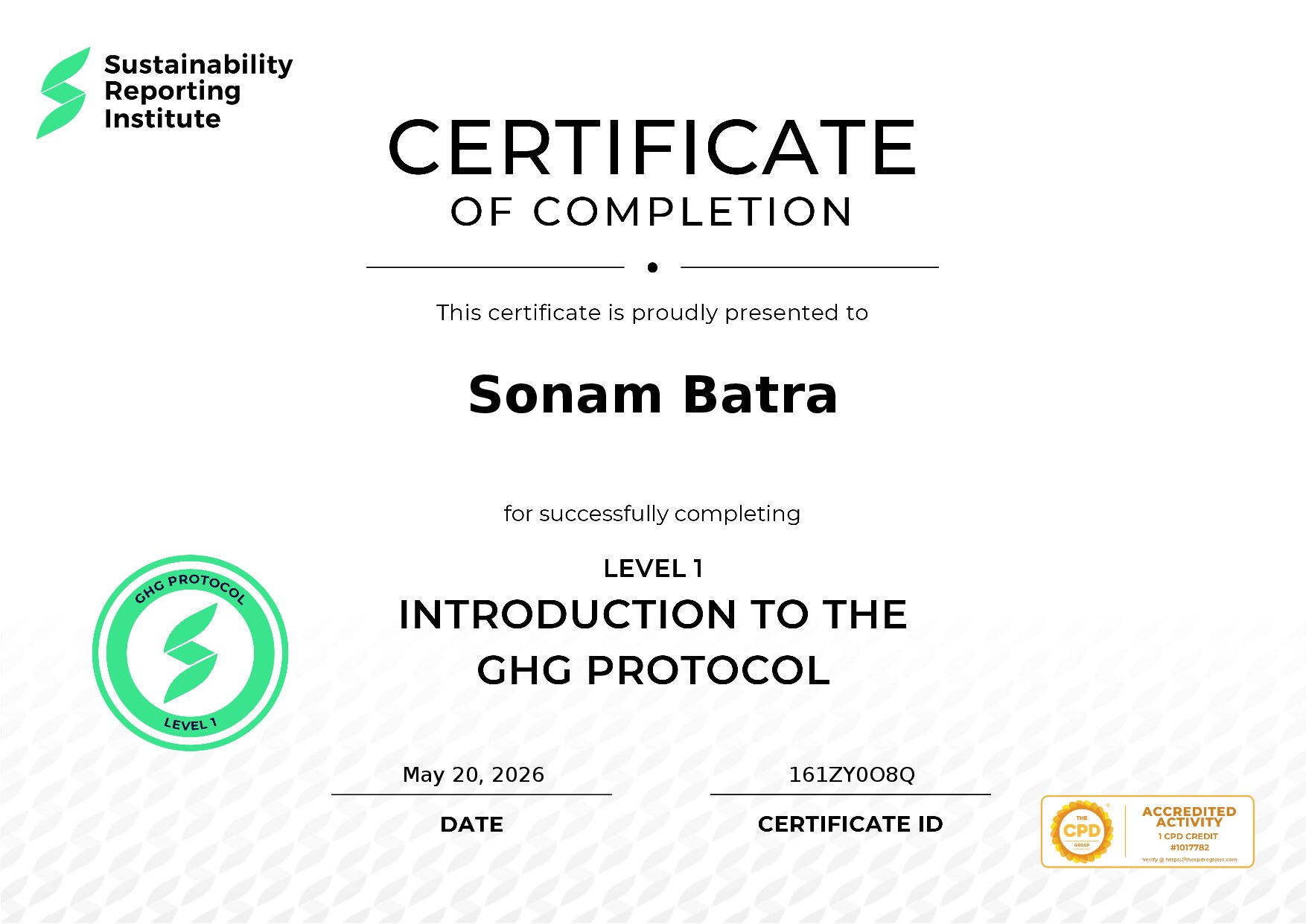 Certificate for Sonam Batra