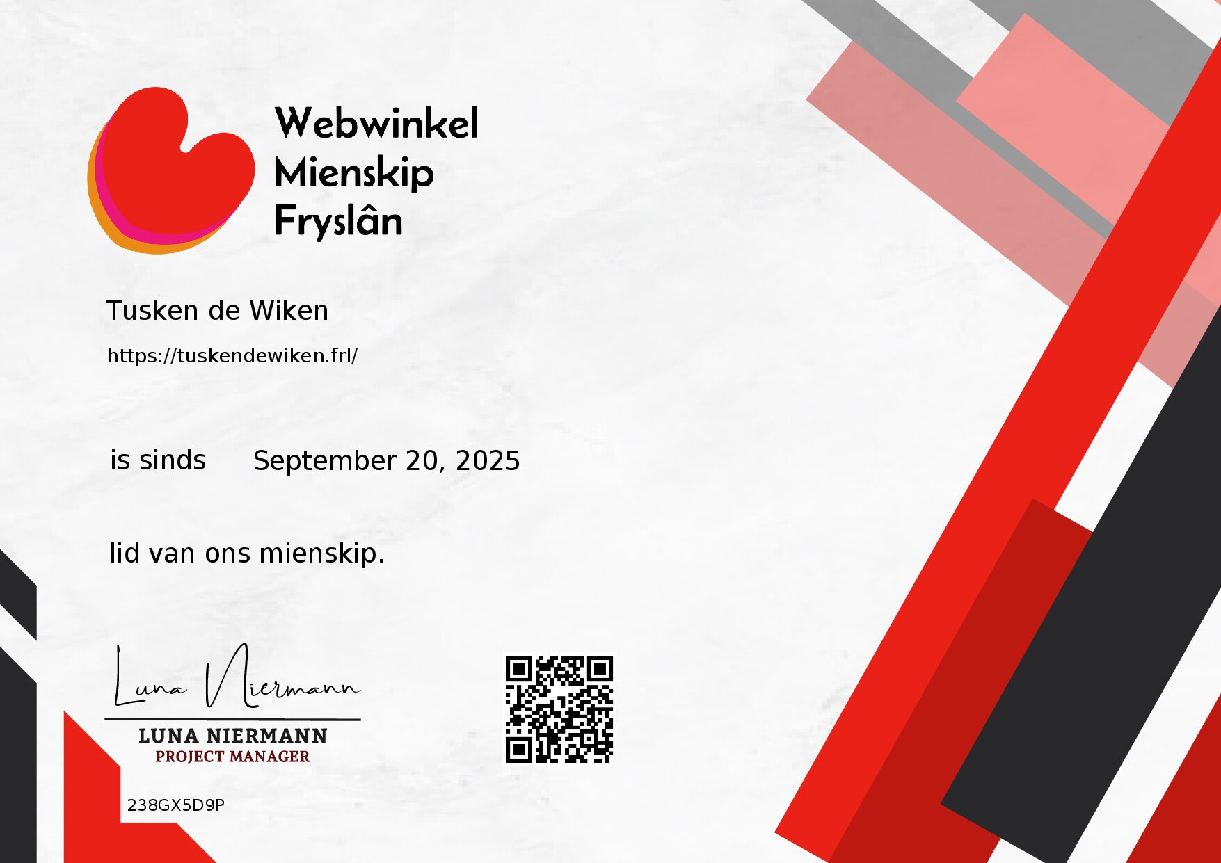 Certificate for Tusken de Wiken