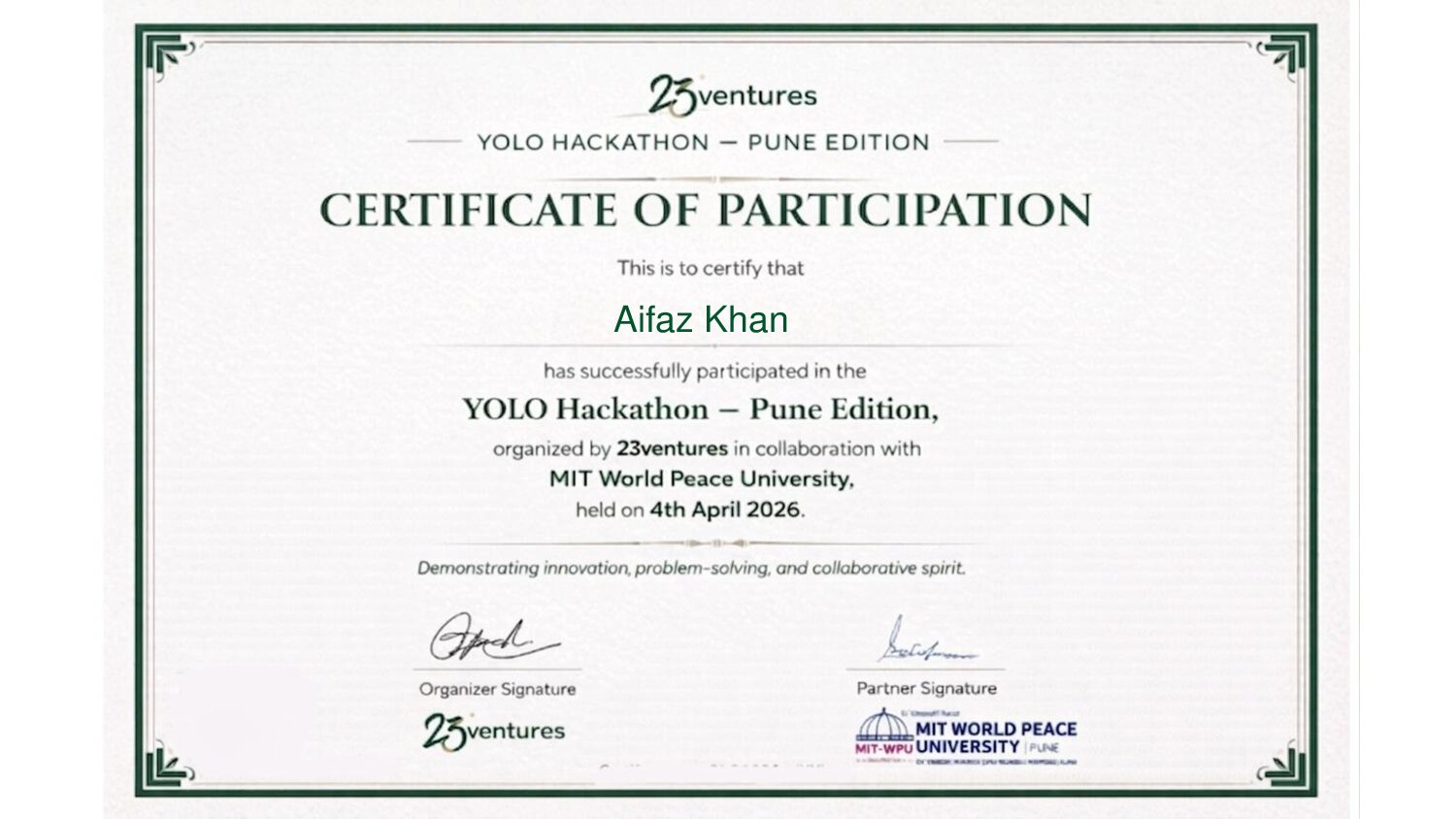Certificate for Aifaz Khan