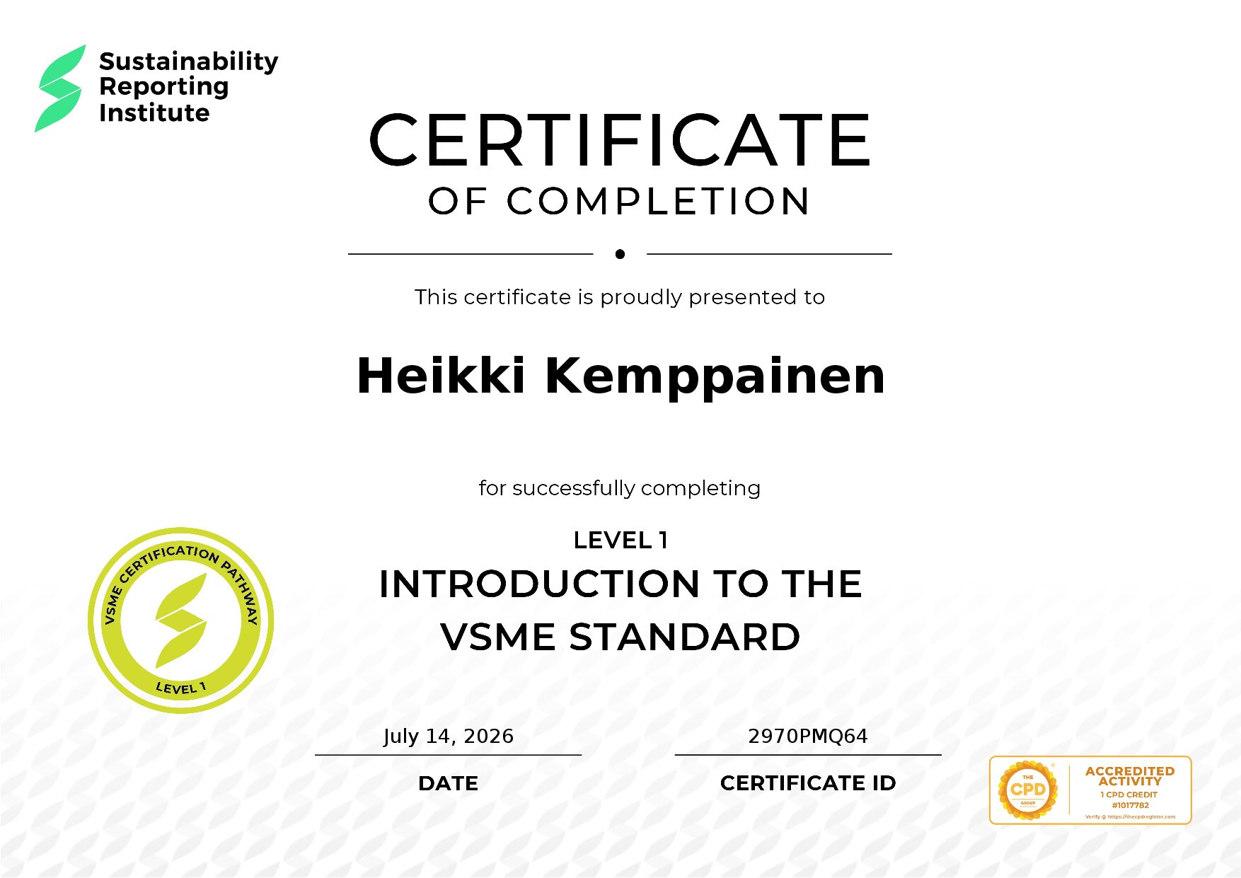 Certificate for Heikki Kemppainen