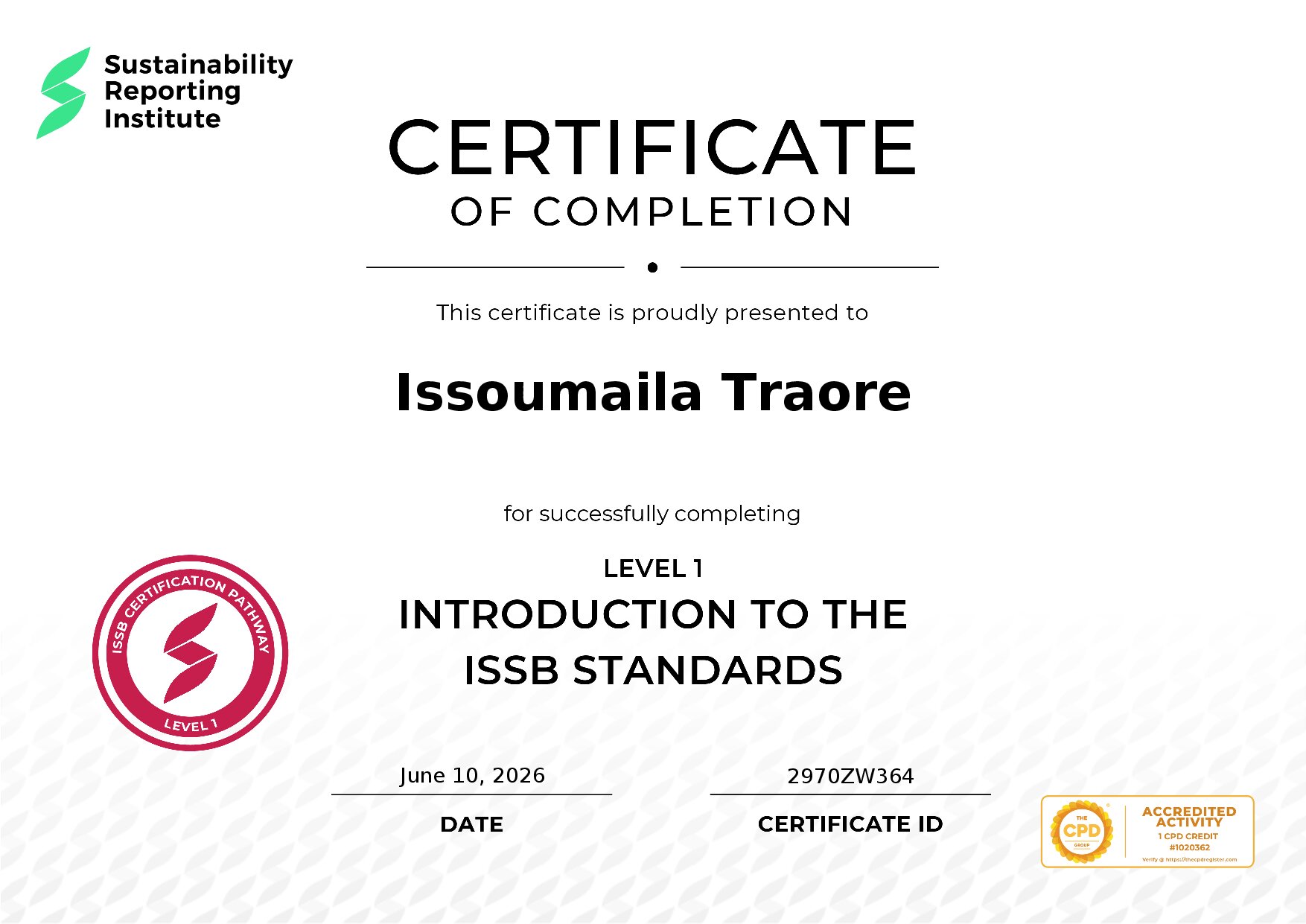 Certificate for Issoumaila Traore