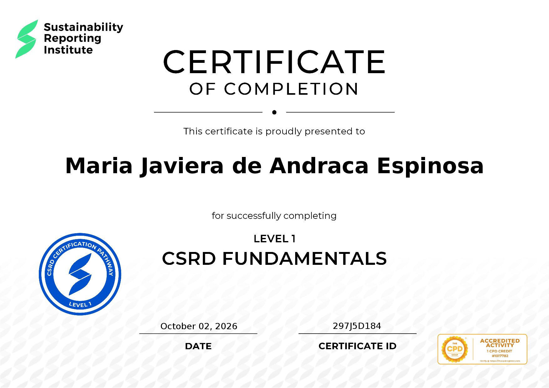 Certificate for Maria Javiera de Andraca Espinosa
