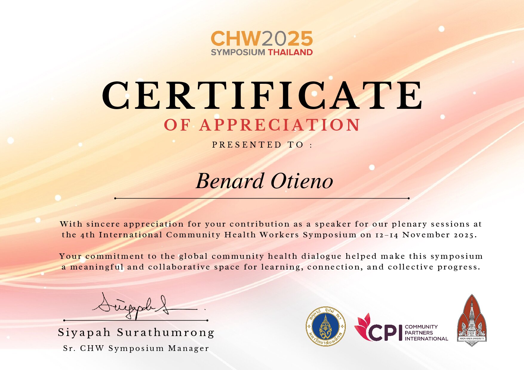 Certificate for Benard Otieno