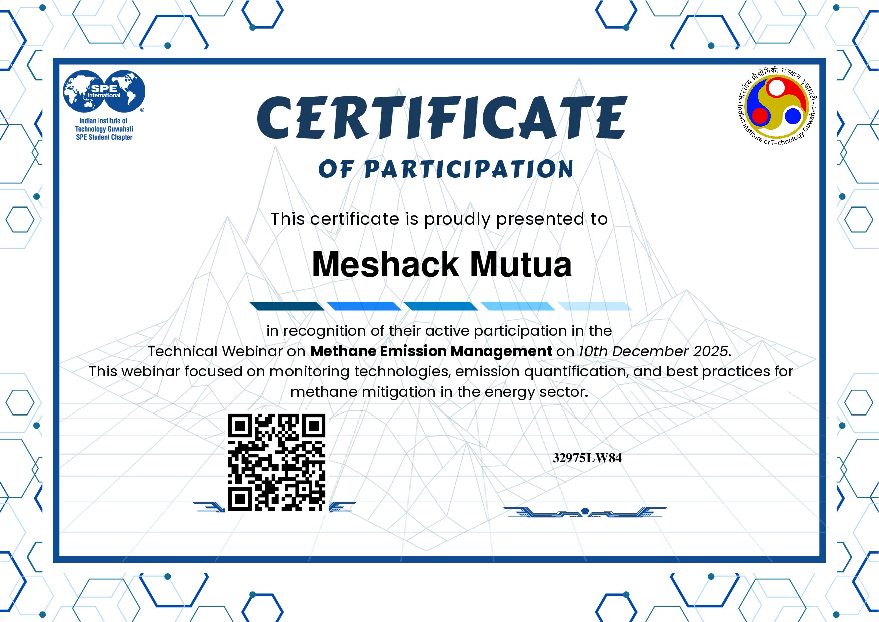 Certificate for Meshack Mutua