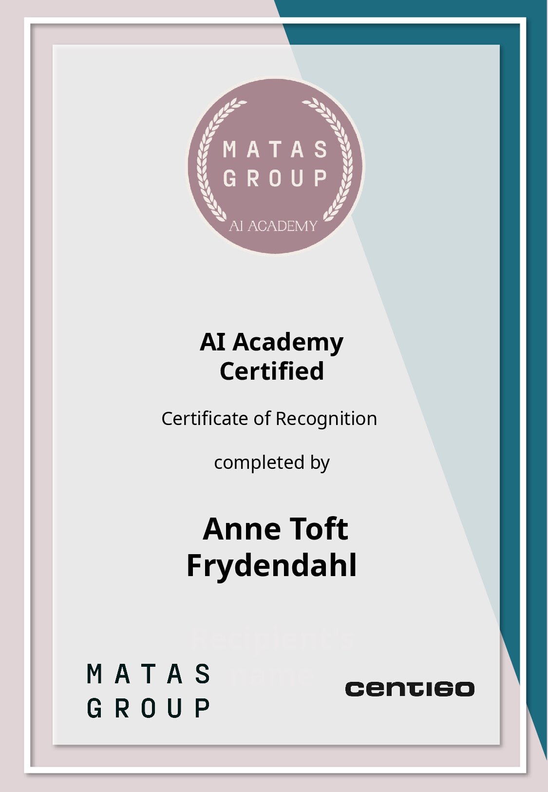 Certificate for Anne Toft Frydendahl