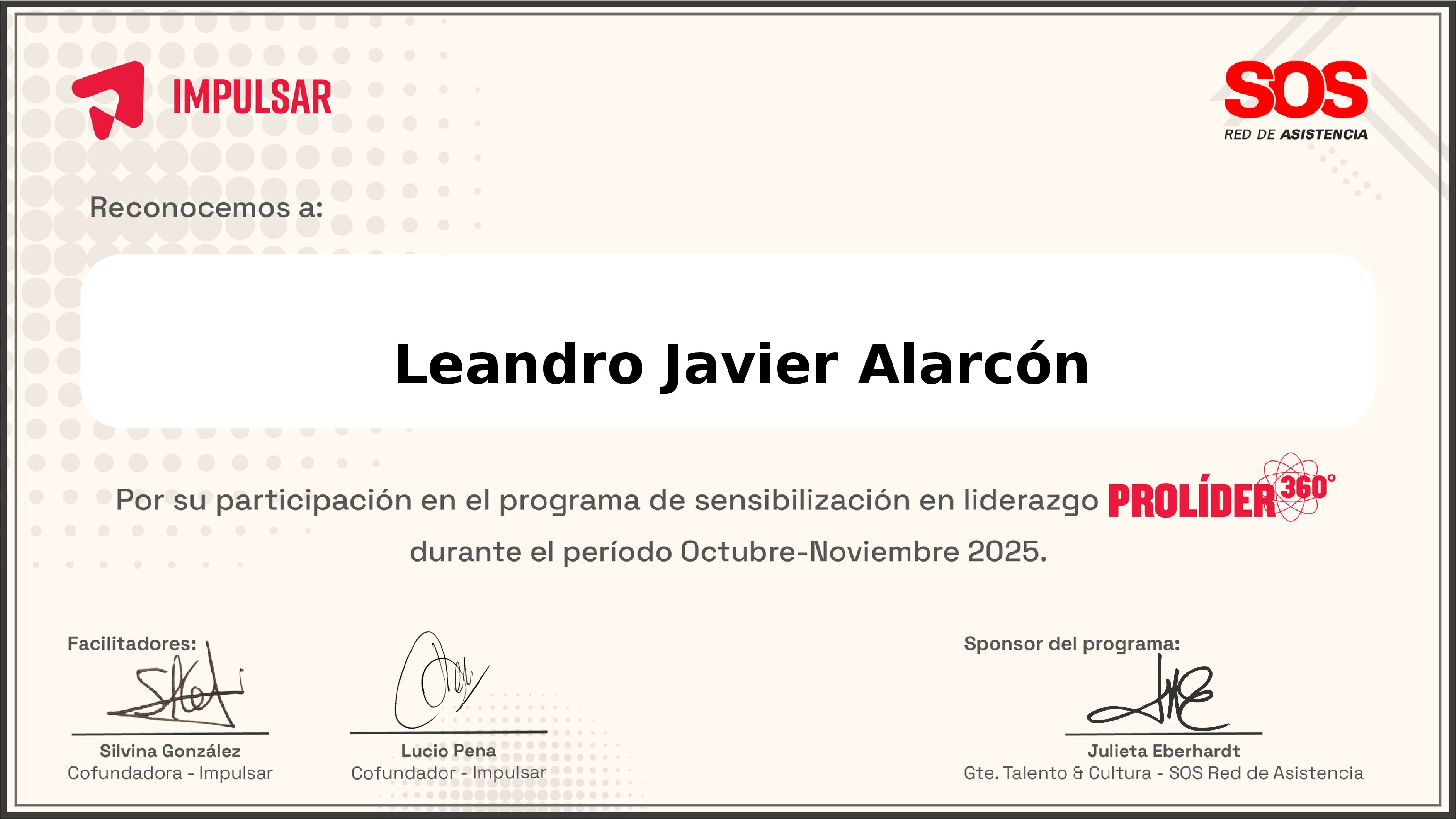 Certificate for Leandro Javier Alarcón