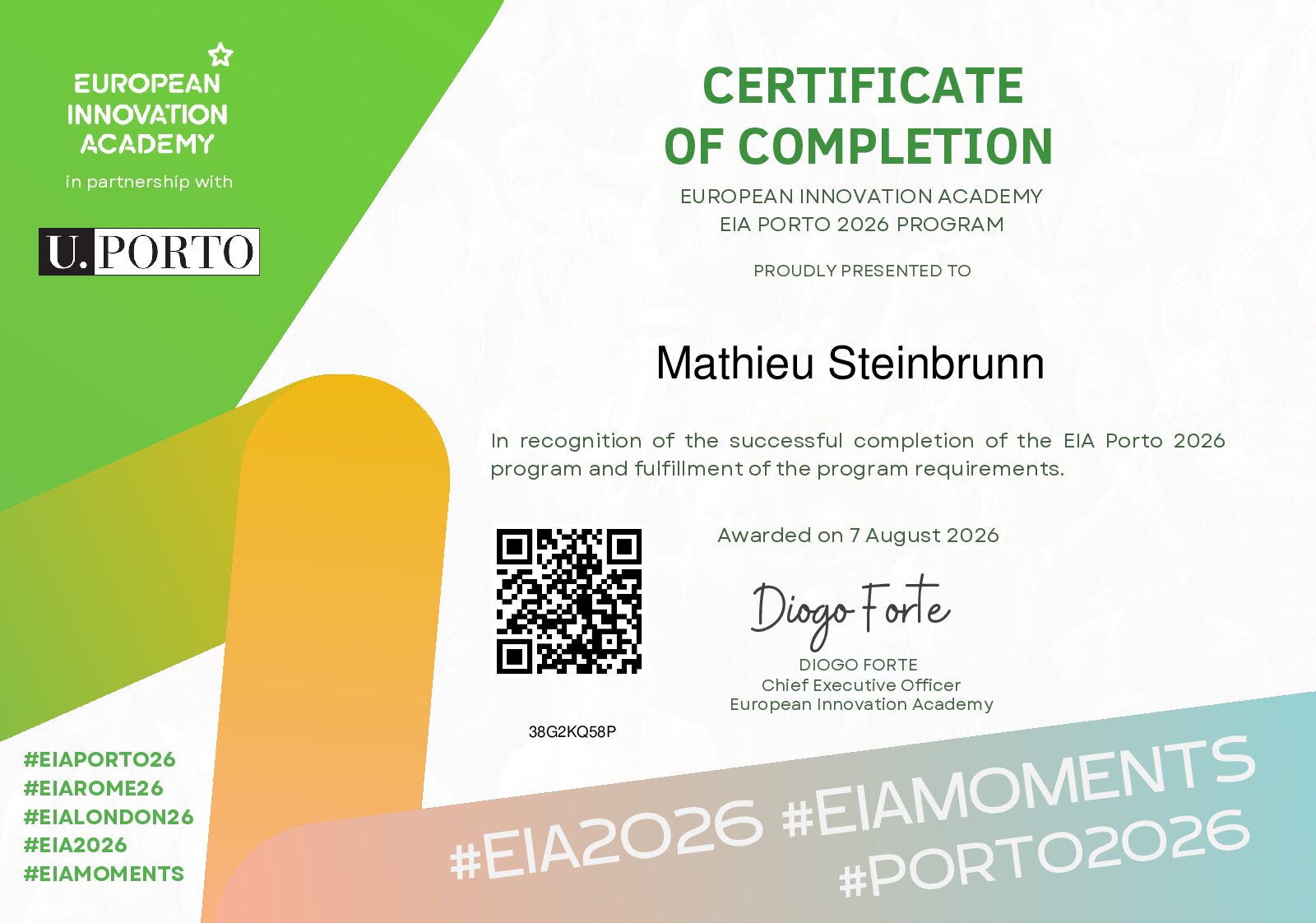 Certificate for Mathieu Steinbrunn