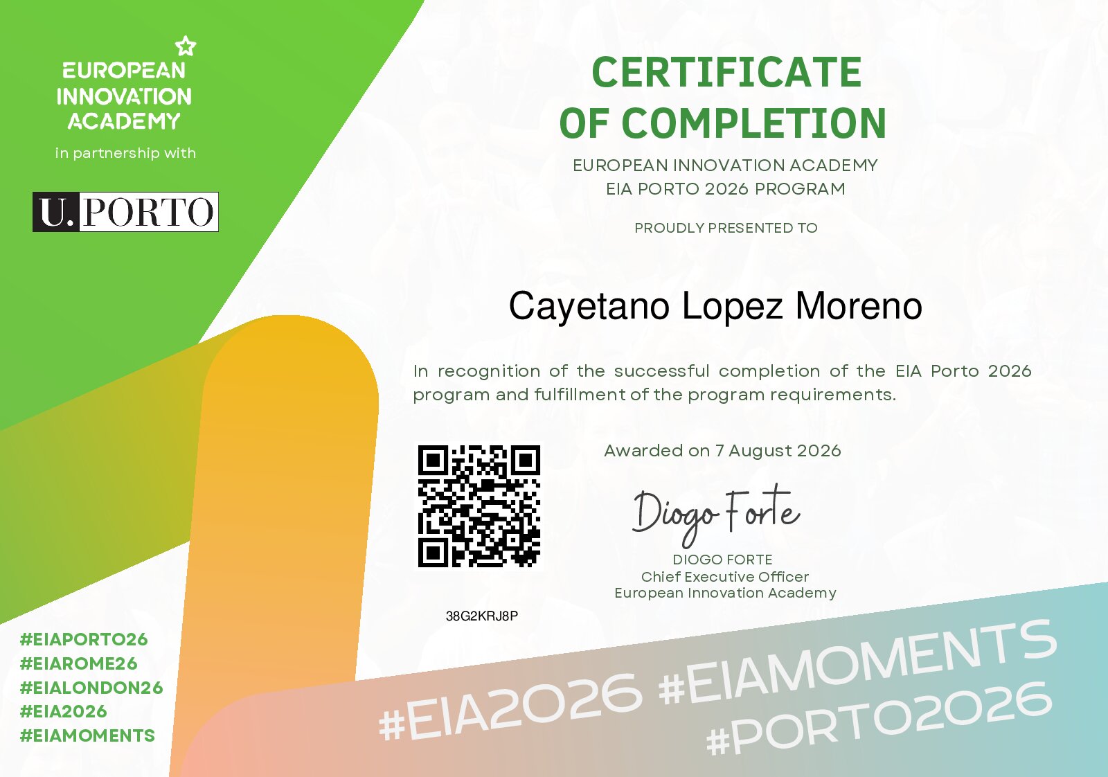 Certificate for Cayetano Lopez Moreno