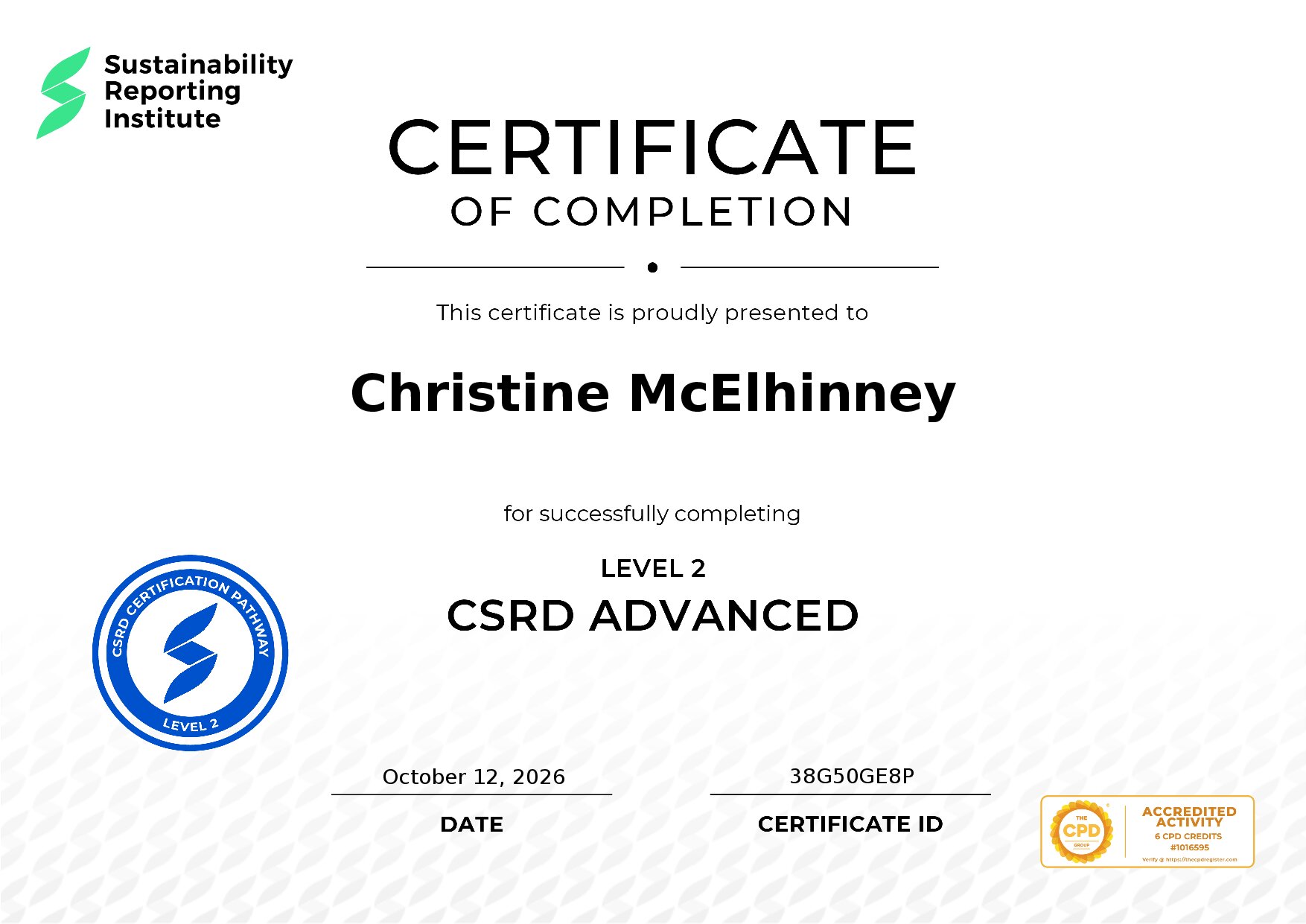 Certificate for Christine McElhinney