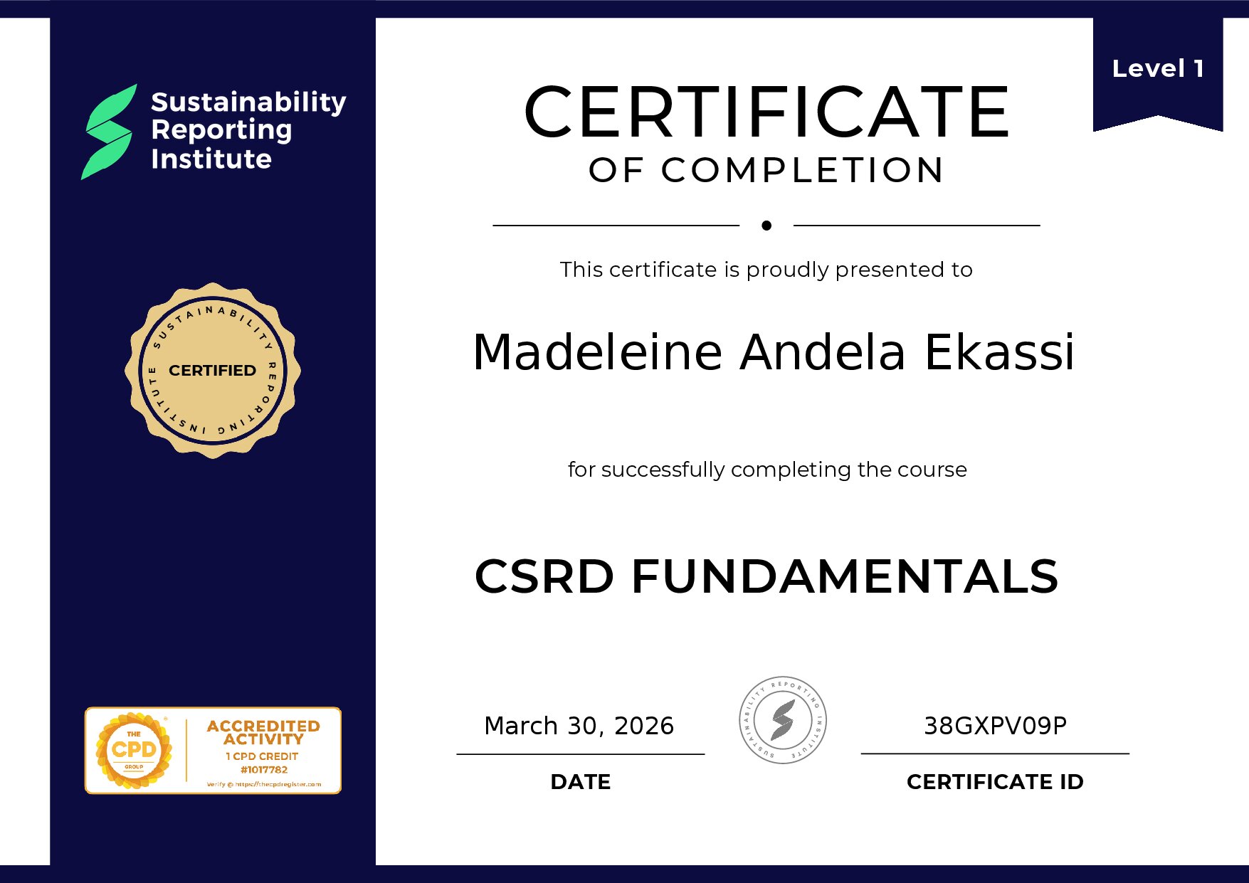 Certificate for Madeleine Andela Ekassi