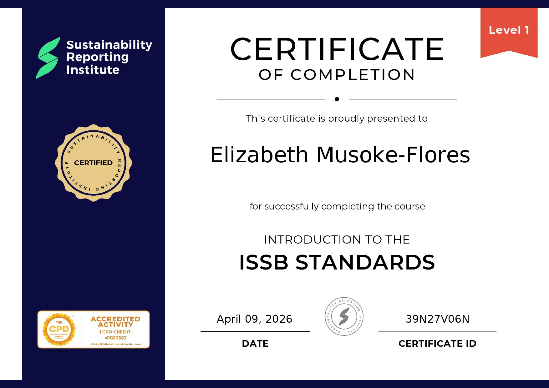 Certificate for Elizabeth Musoke-Flores