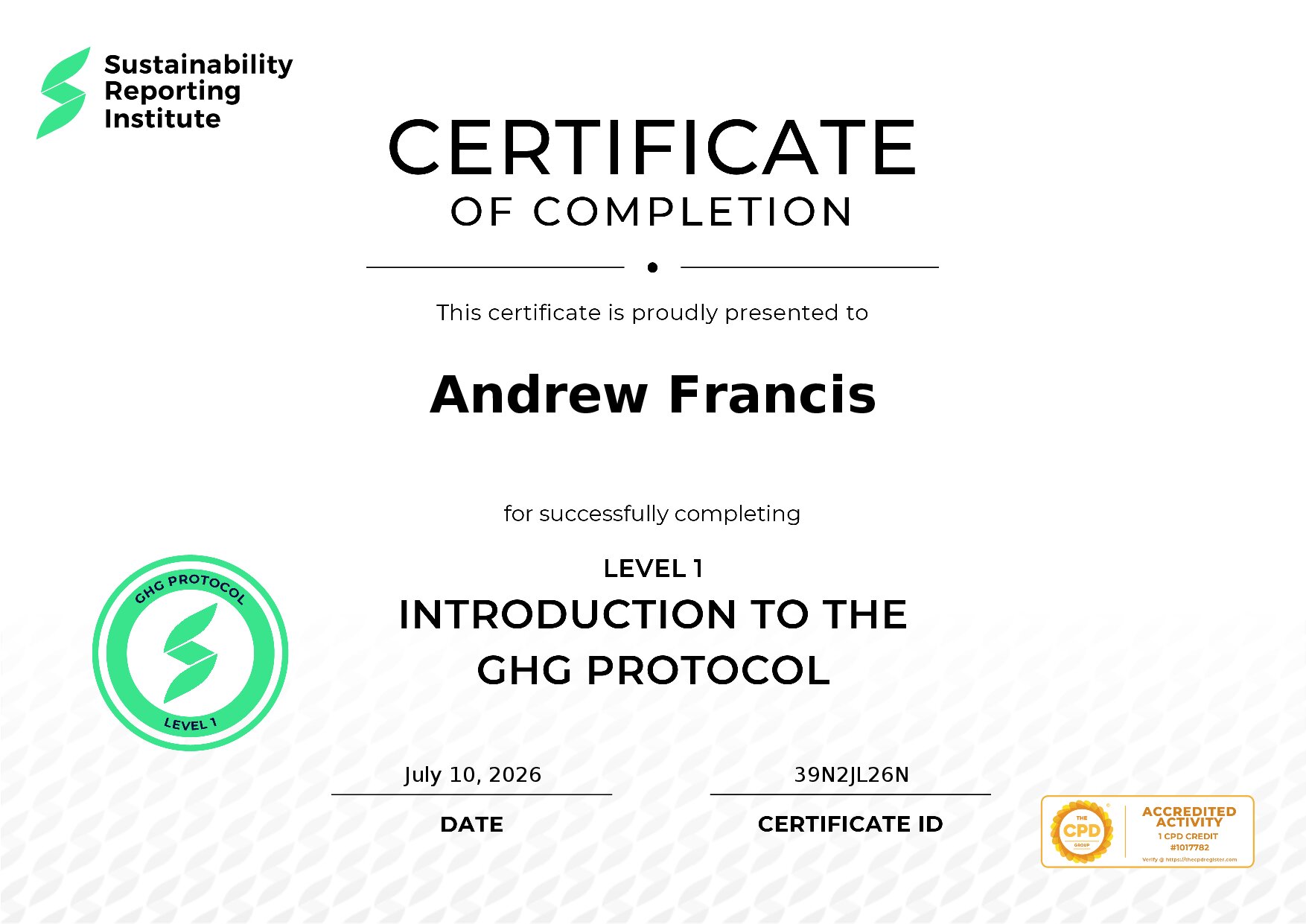 Certificate for Andrew Francis