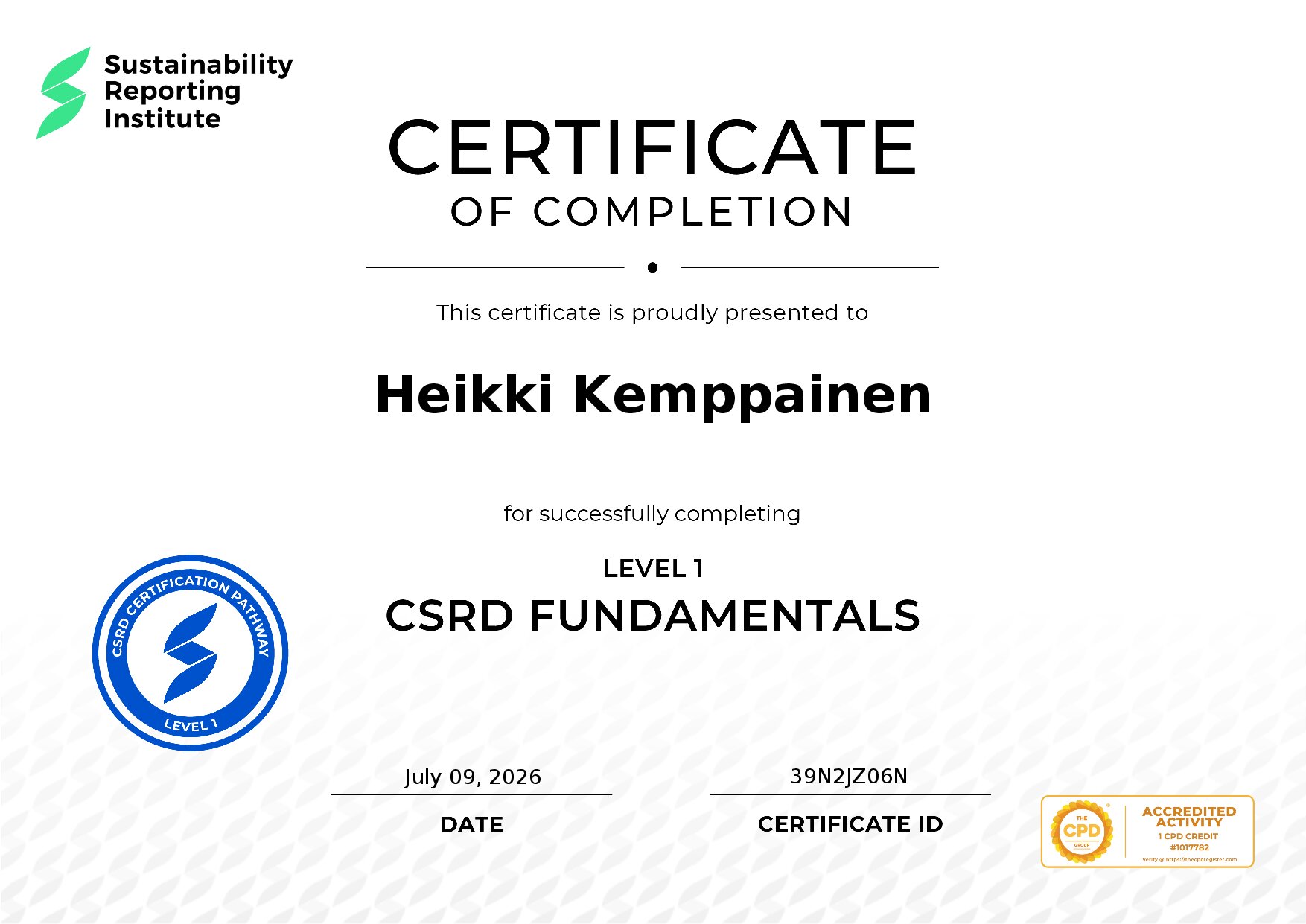 Certificate for Heikki Kemppainen