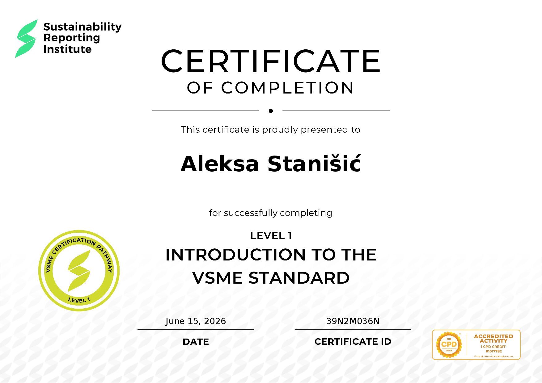 Certificate for Aleksa Stanišić
