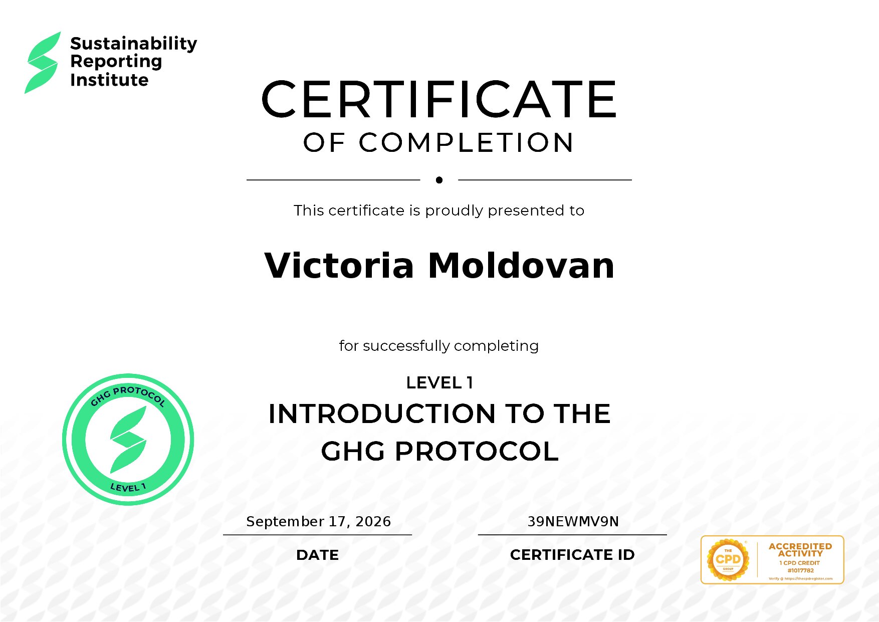 Certificate for Victoria Moldovan