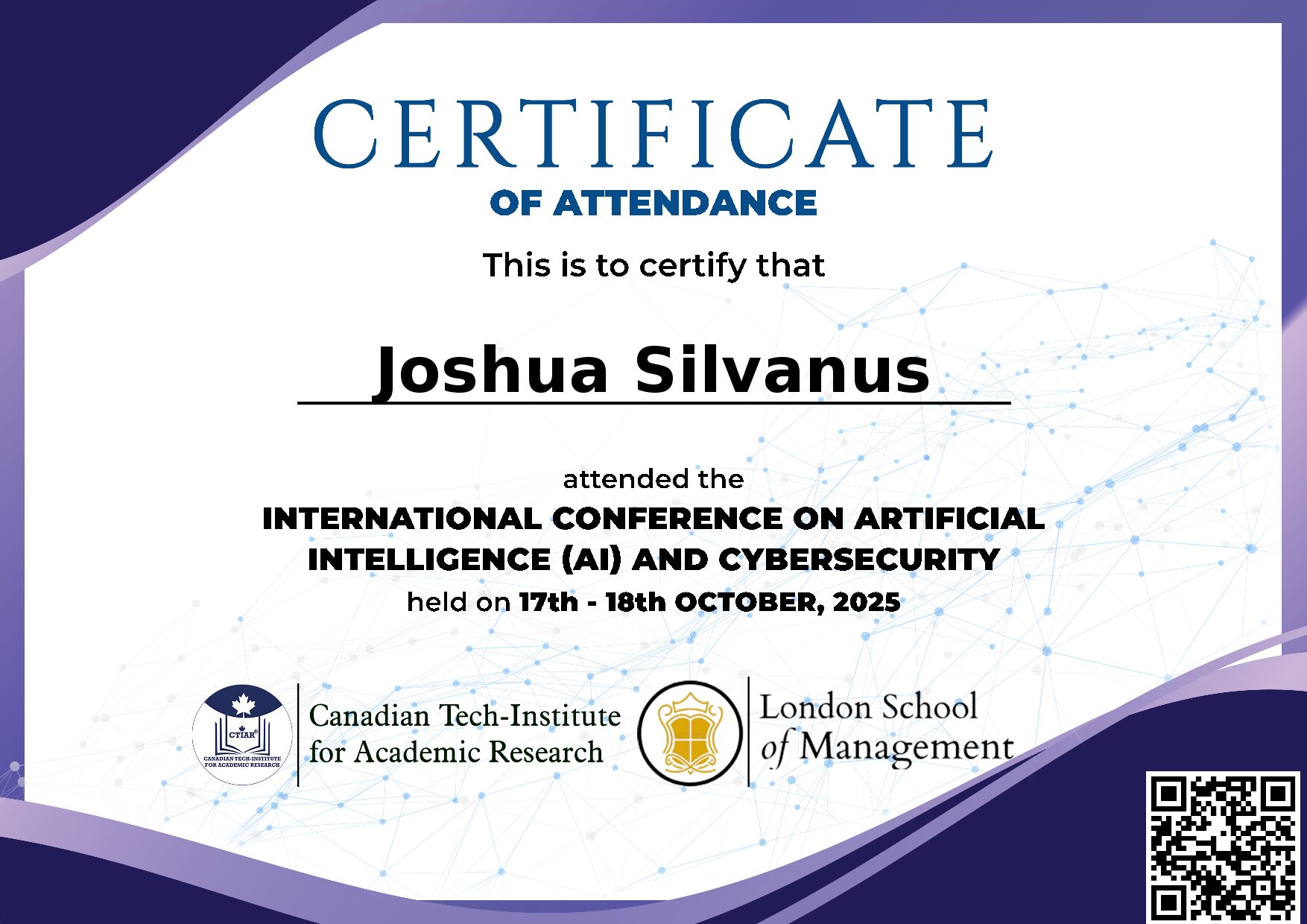 Certificate for Joshua Silvanus