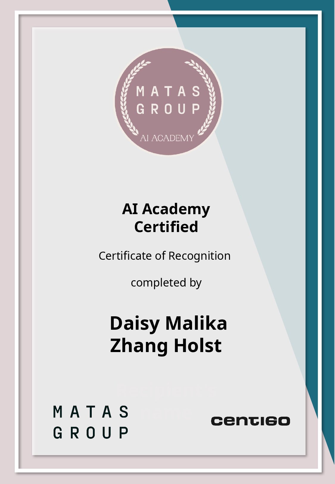 Certificate for Daisy Malika Zhang Holst