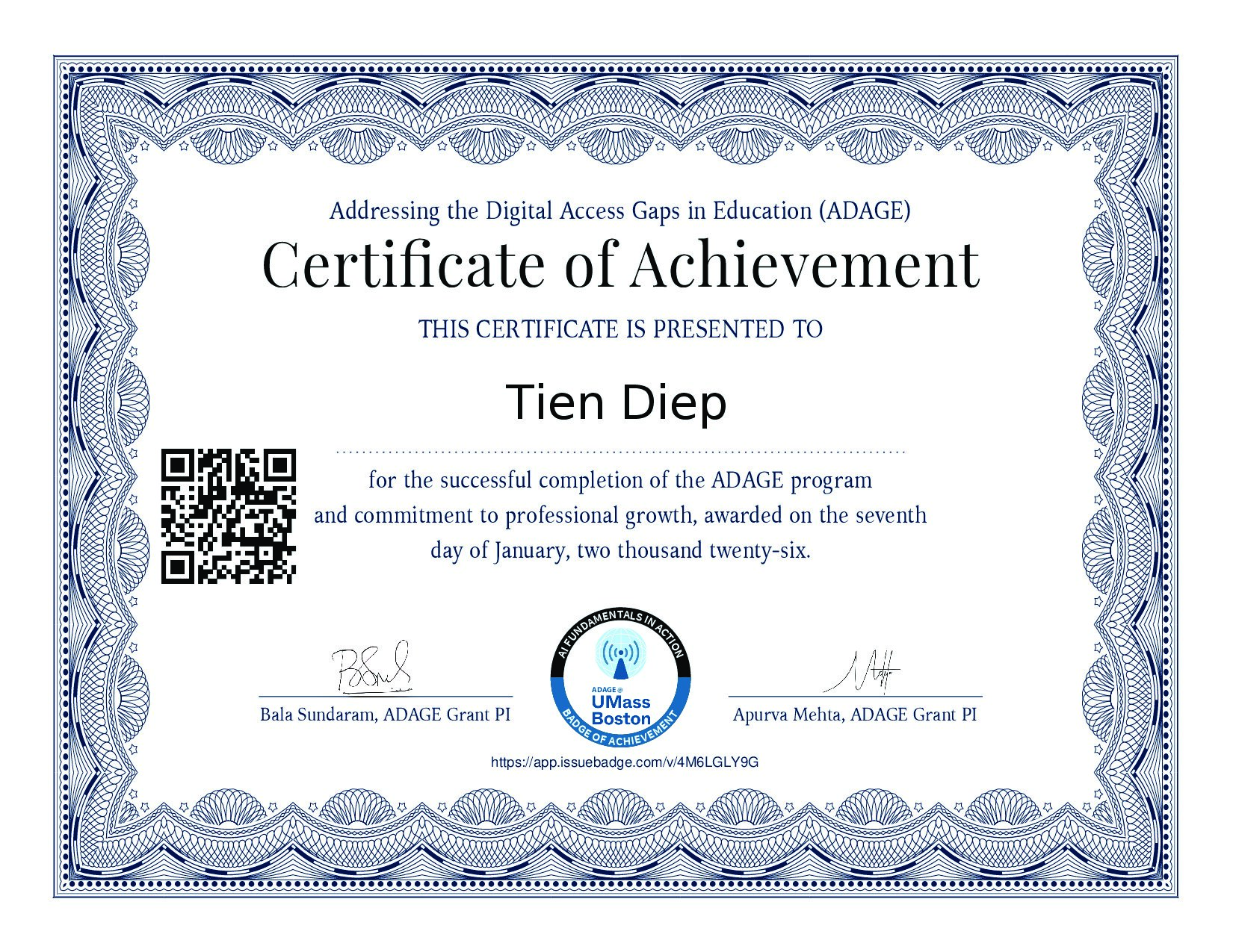 Certificate for Tien Diep