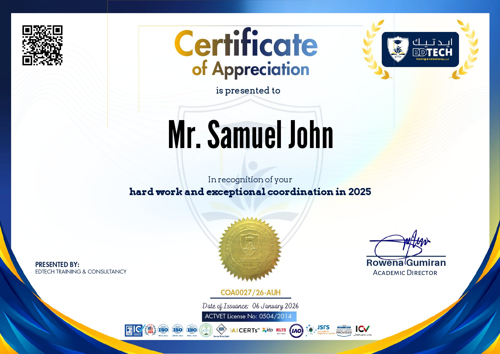 Certificate for Samuel John Sent Tamayosa
