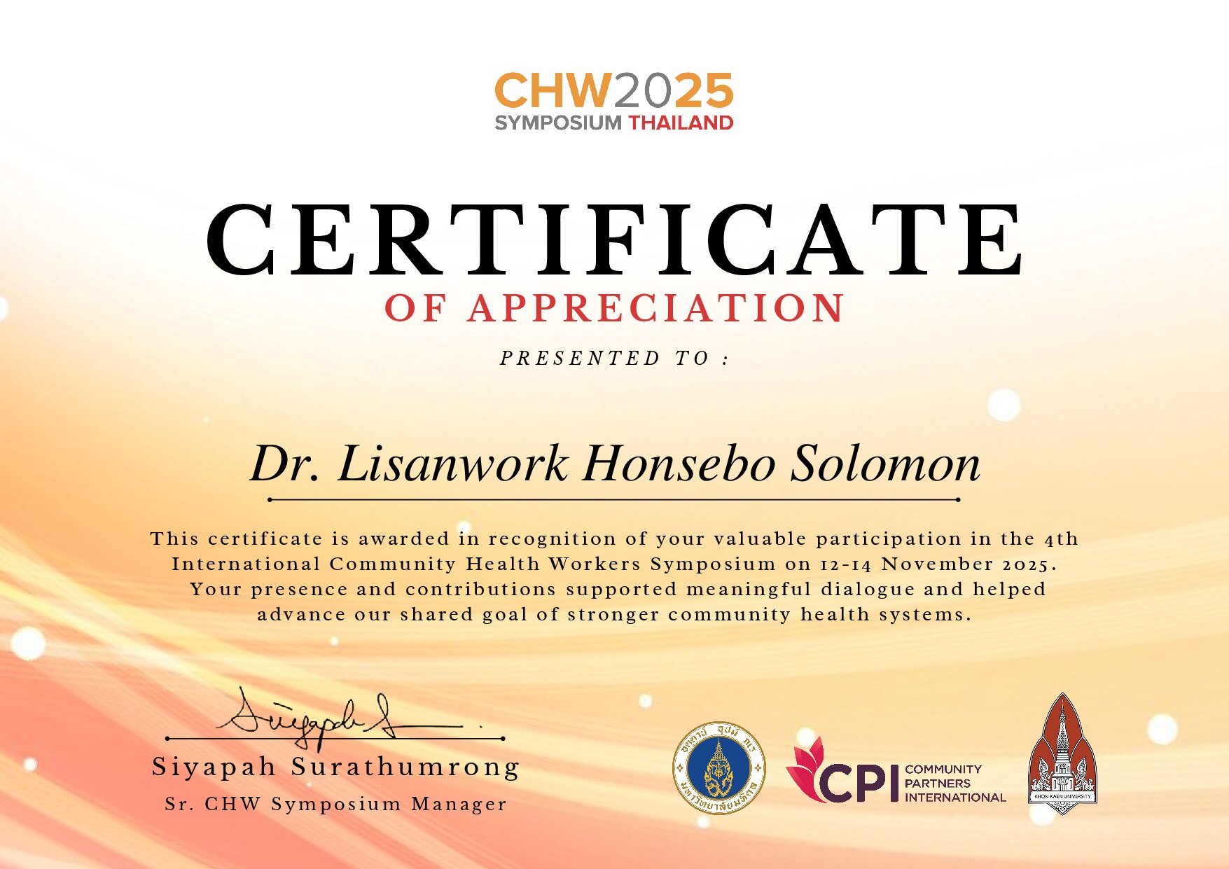 Certificate for Dr. Lisanwork Honsebo Solomon