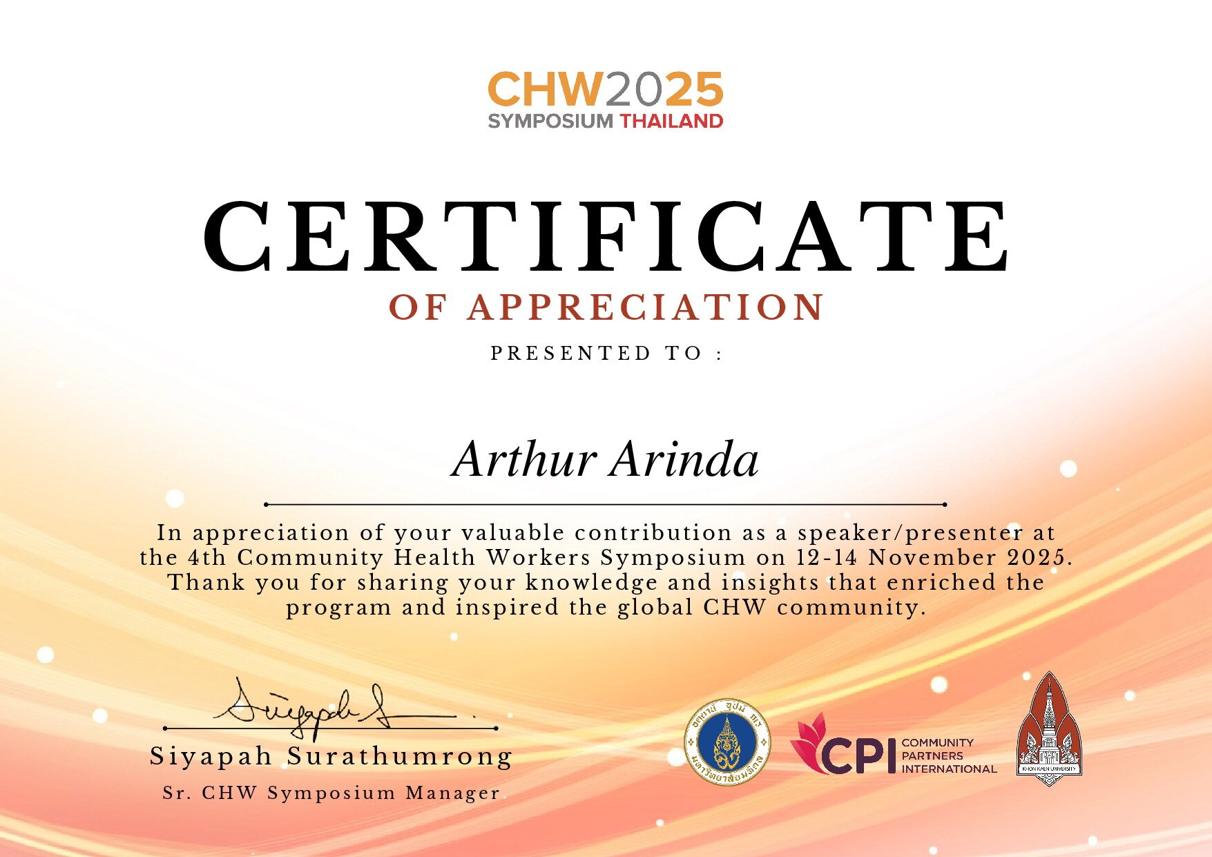 Certificate for Arthur Arinda