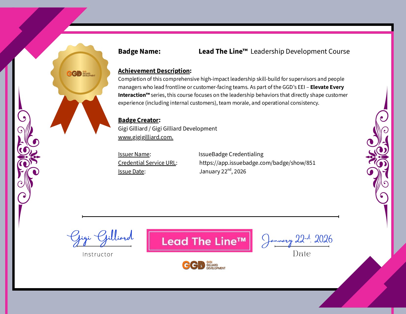 Certificate for Gigi Gilliard