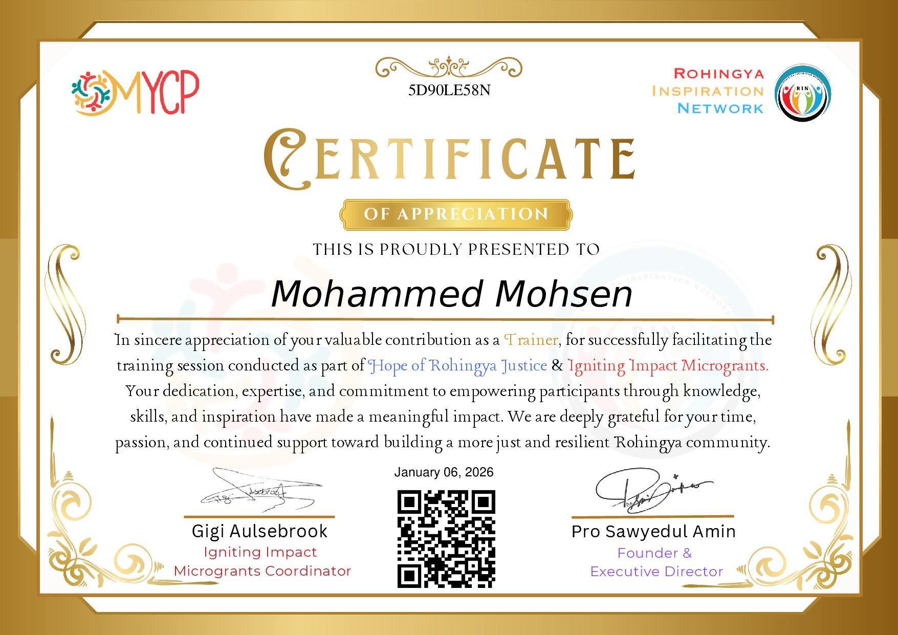 Certificate for Mohammed Mohsen