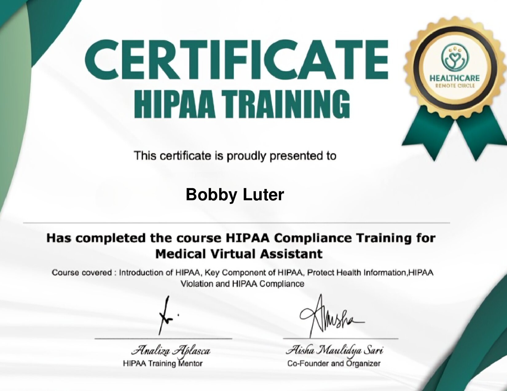 Certificate for Bobby Luter