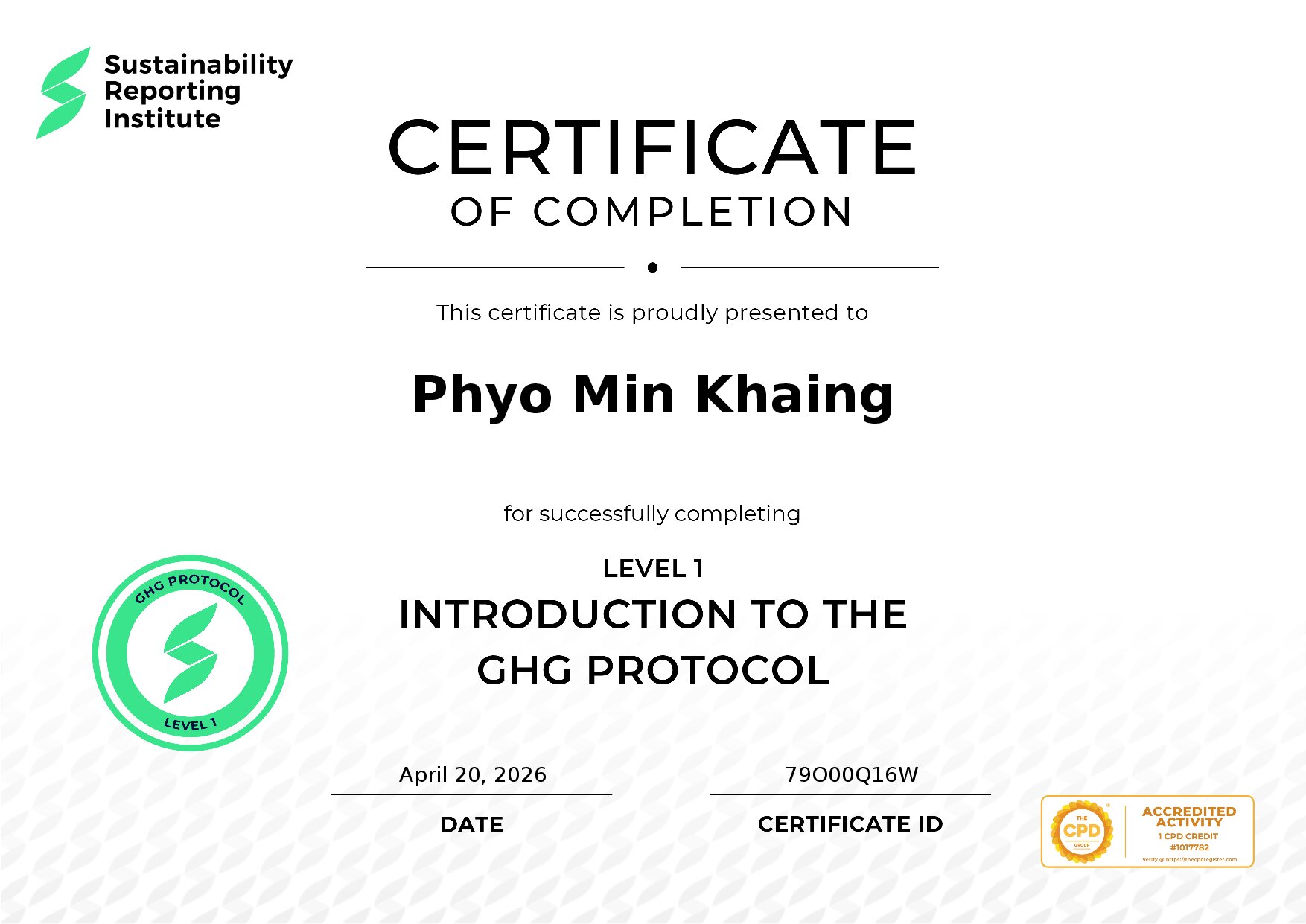 Certificate for Phyo Min Khaing