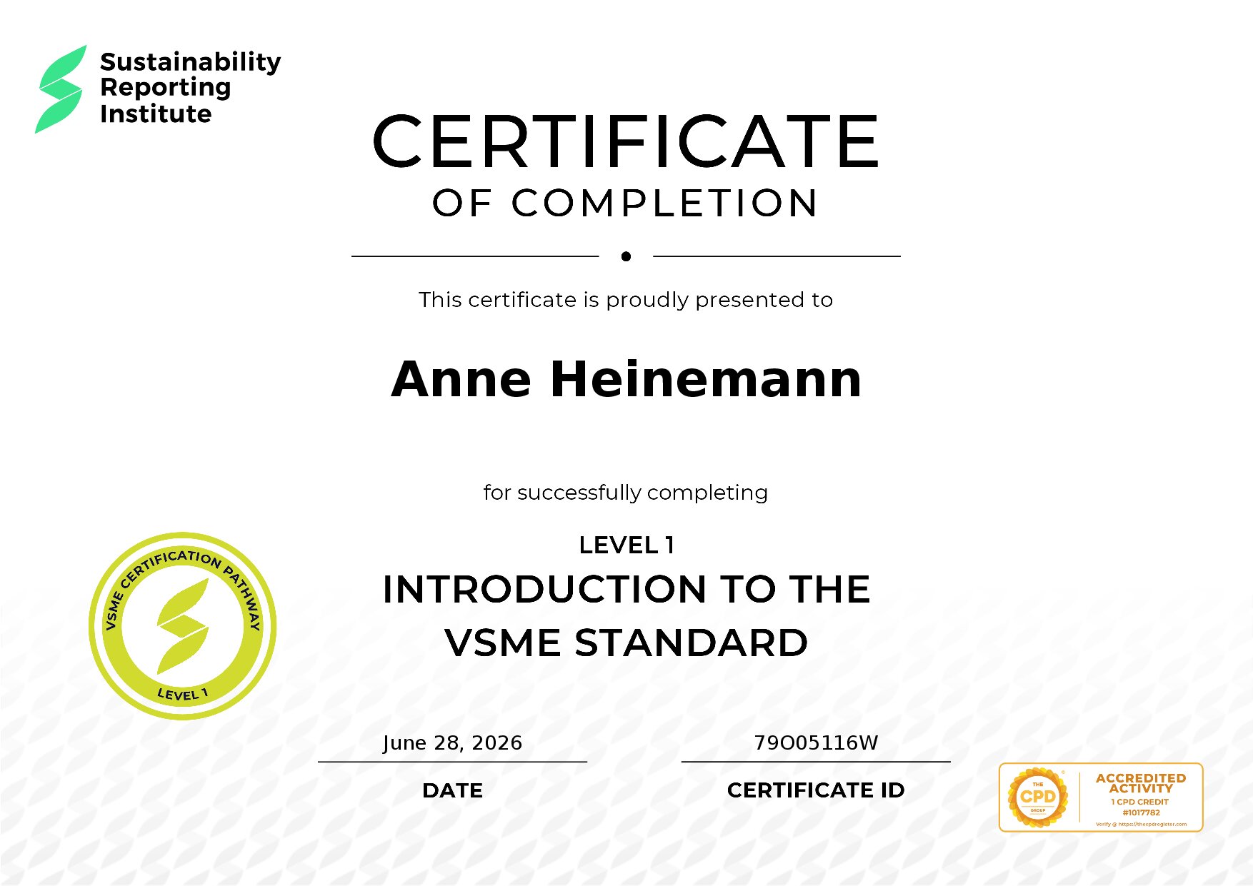 Certificate for Anne Heinemann