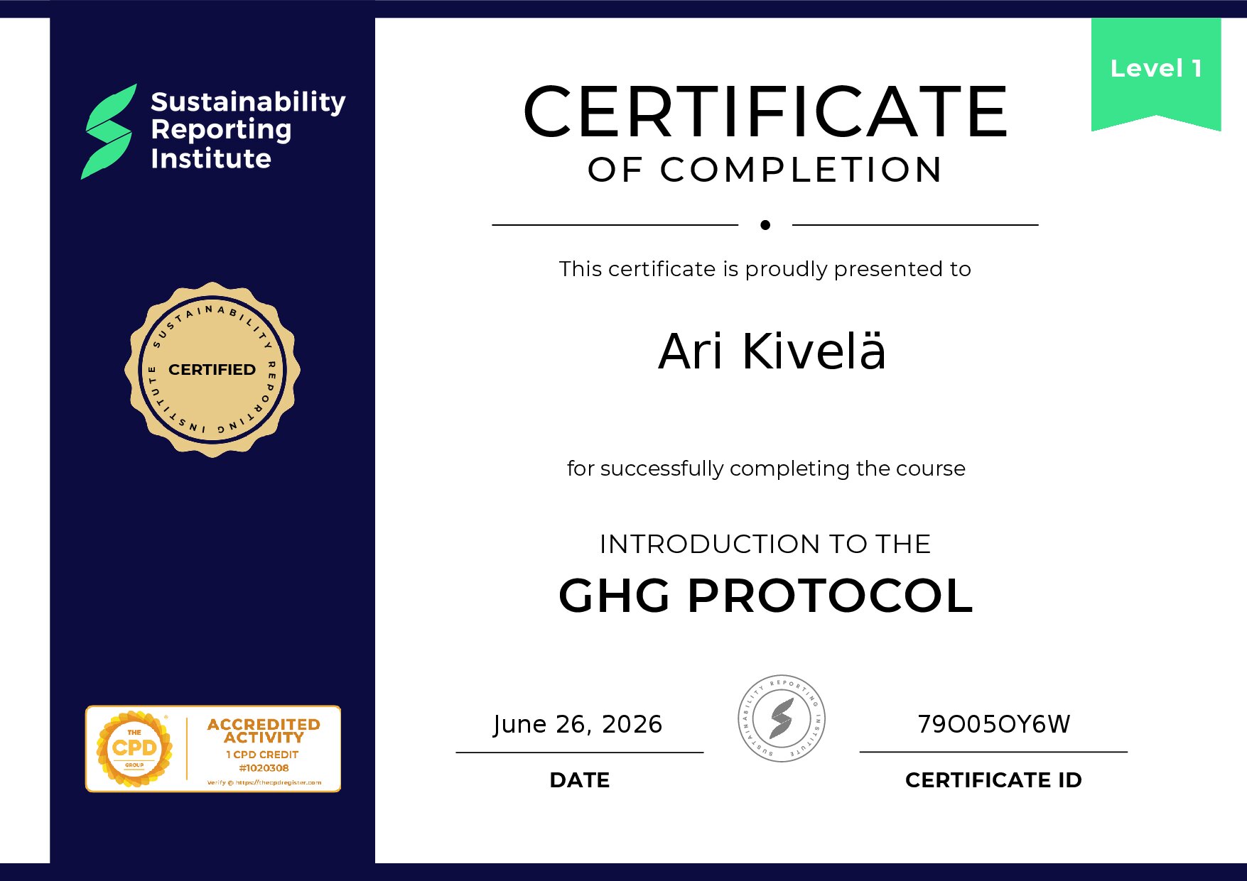 Certificate for Ari Kivelä