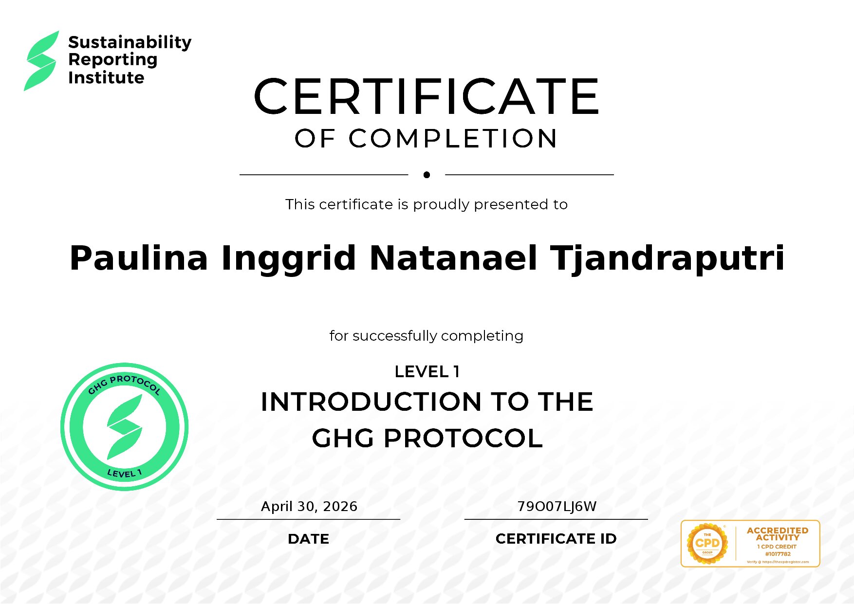 Certificate for Paulina Inggrid Natanael Tjandraputri