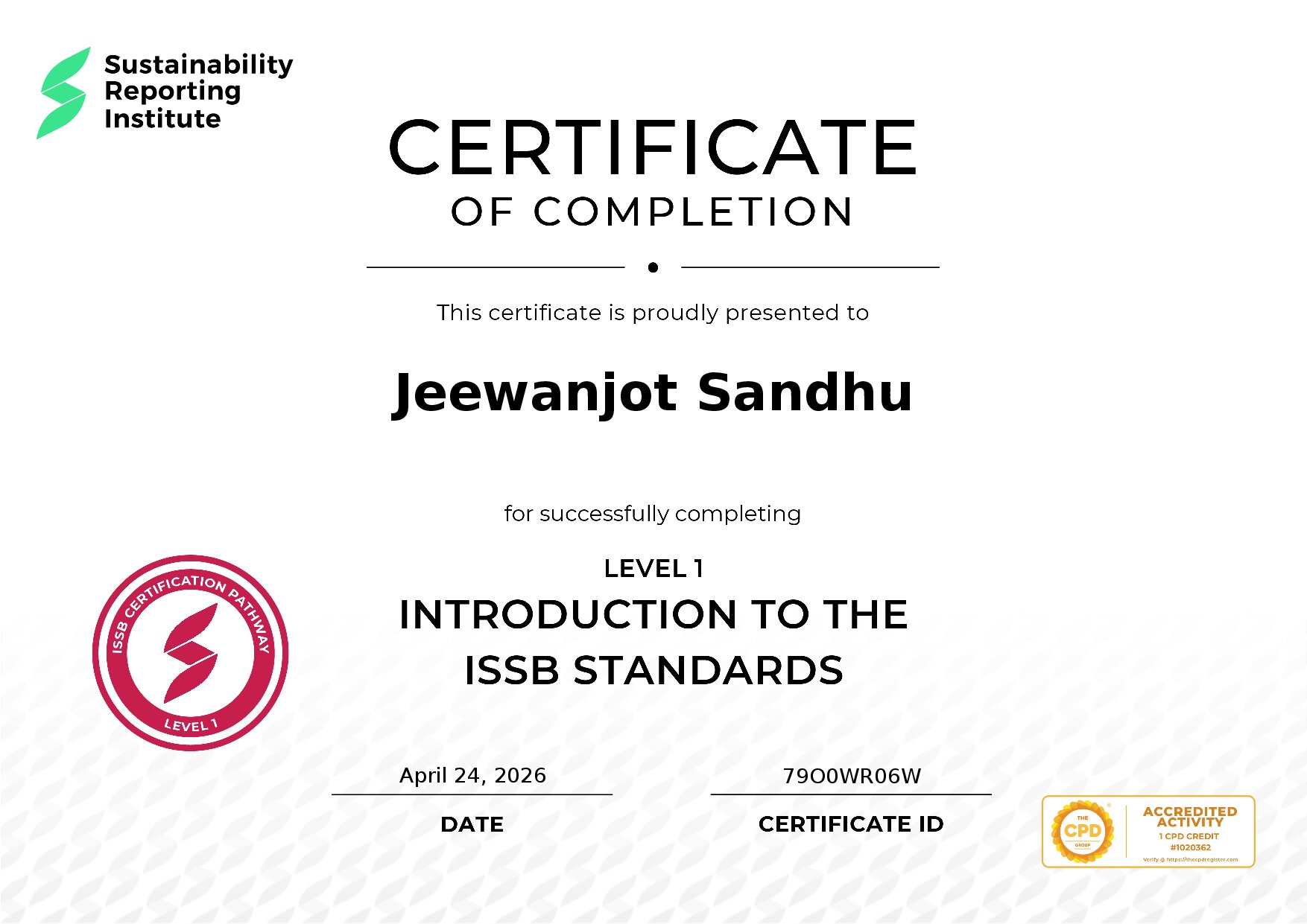 Certificate for Jeewanjot Sandhu