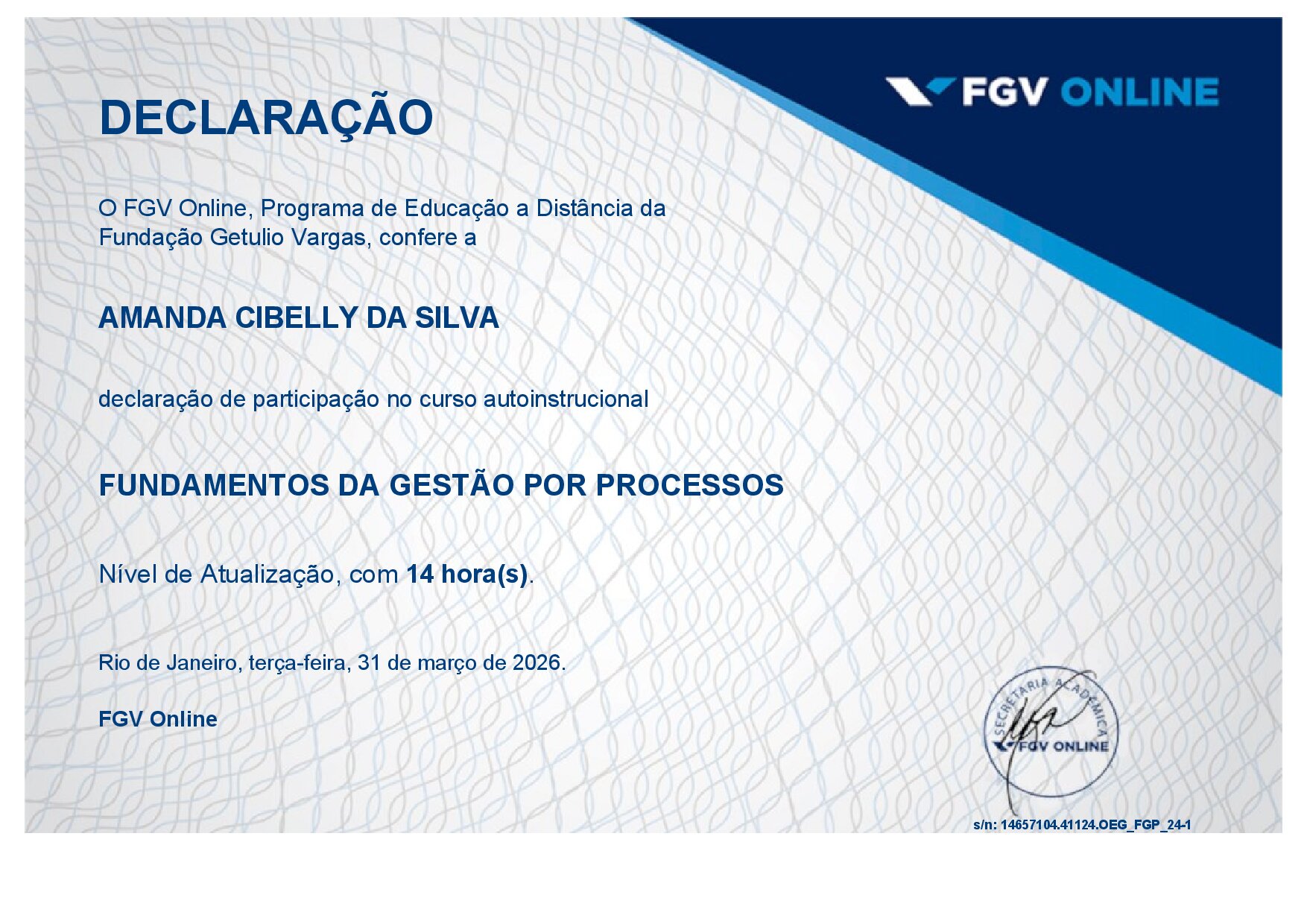 Certificate for Amanda Cibelly da Silva