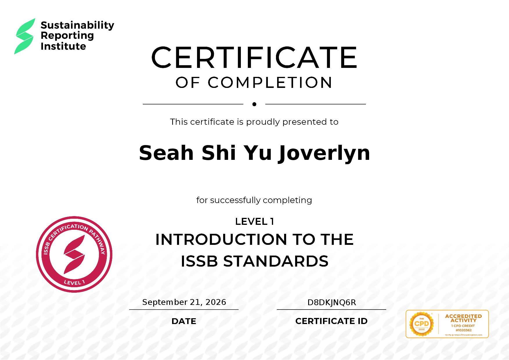 Certificate for Seah Shi Yu Joverlyn