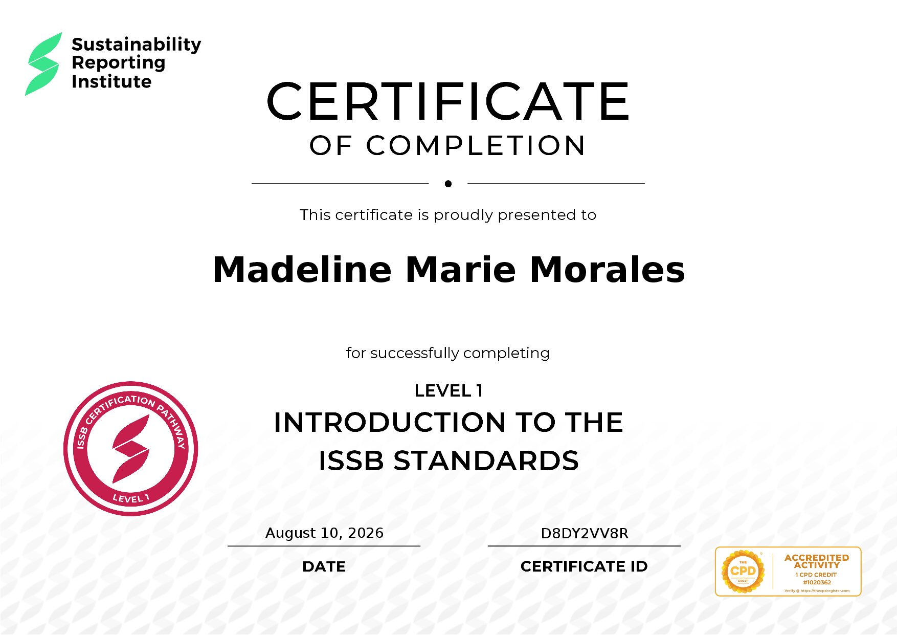 Certificate for Madeline Marie Morales
