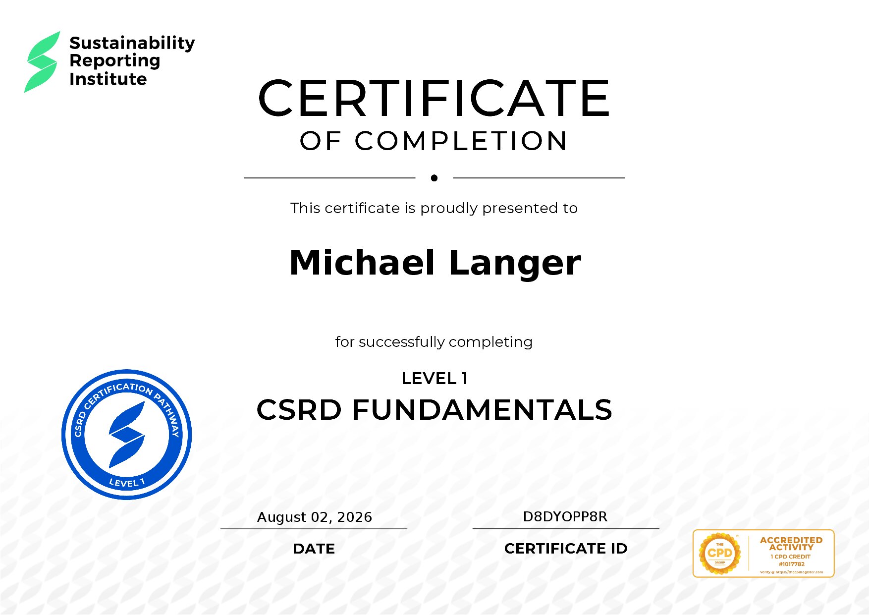 Certificate for Michael Langer