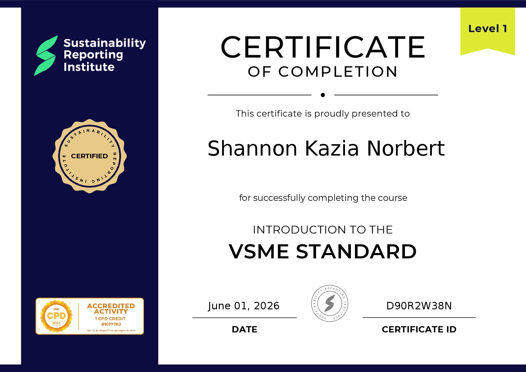 Certificate for Shannon Kazia Norbert