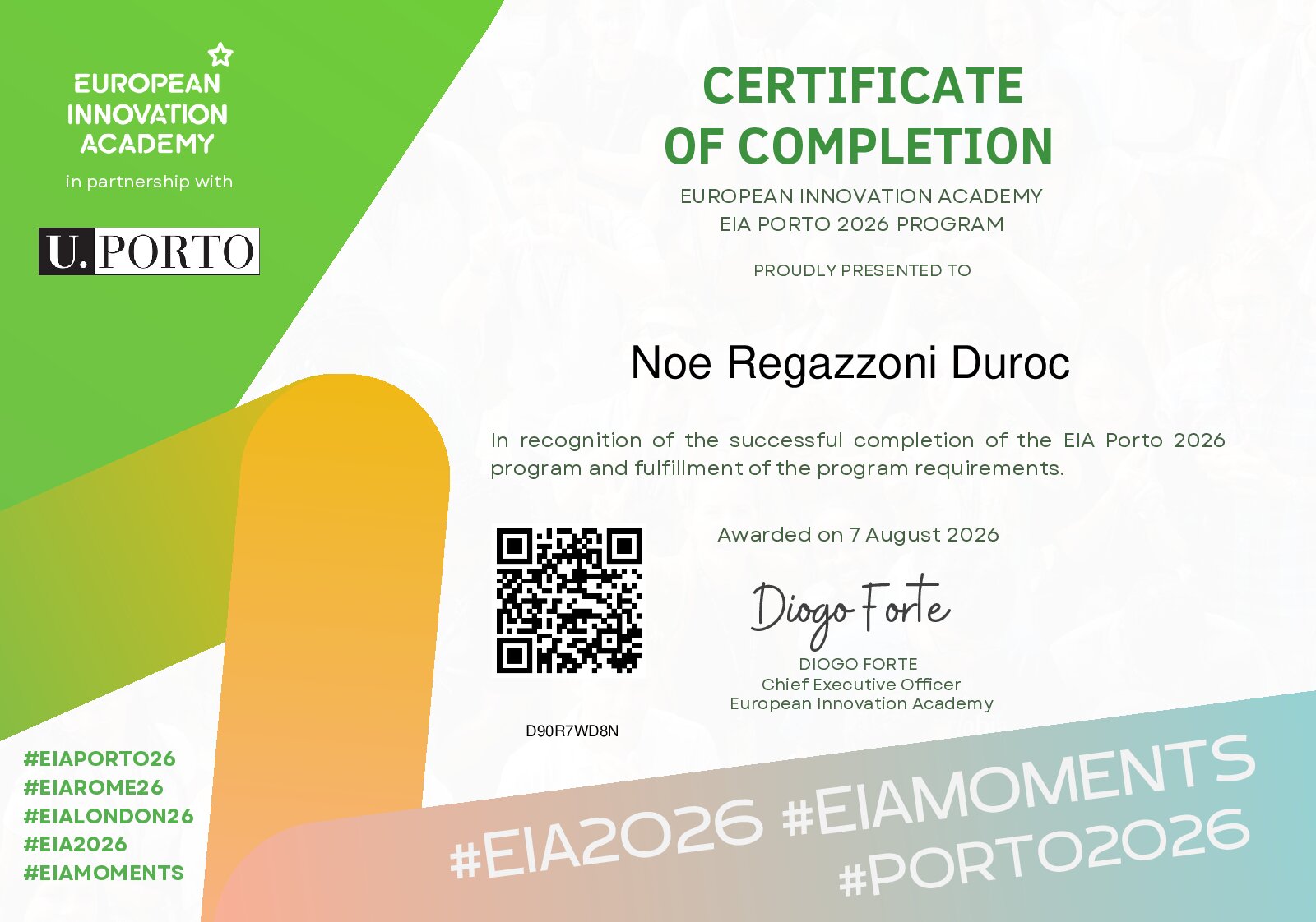 Certificate for Noe Regazzoni Duroc