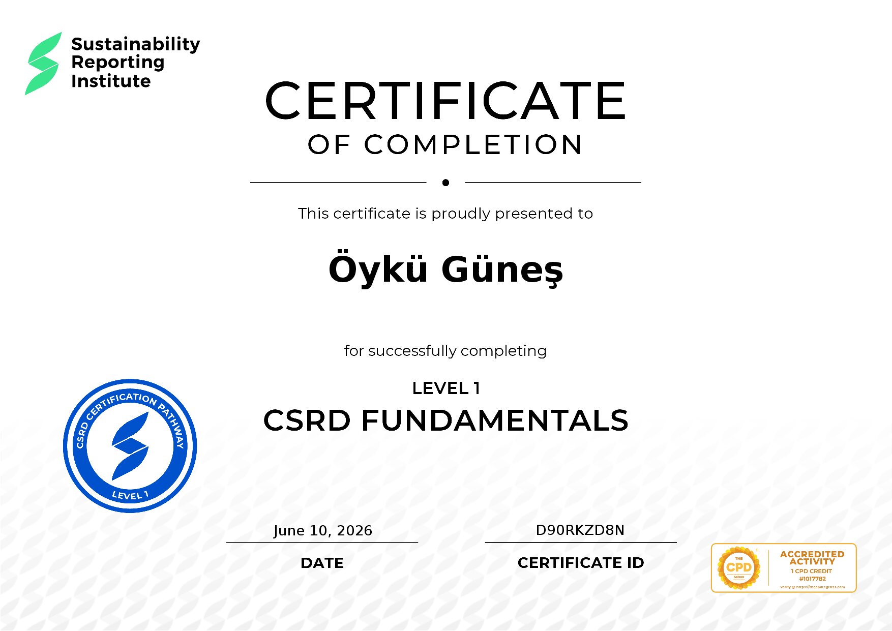 Certificate for Öykü Güneş