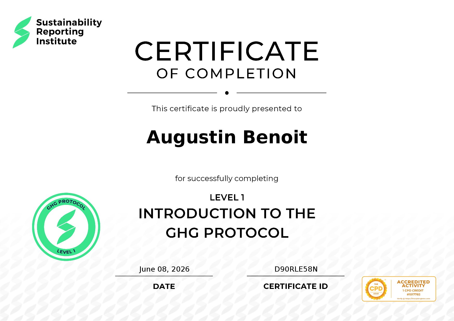 Certificate for Augustin Benoit