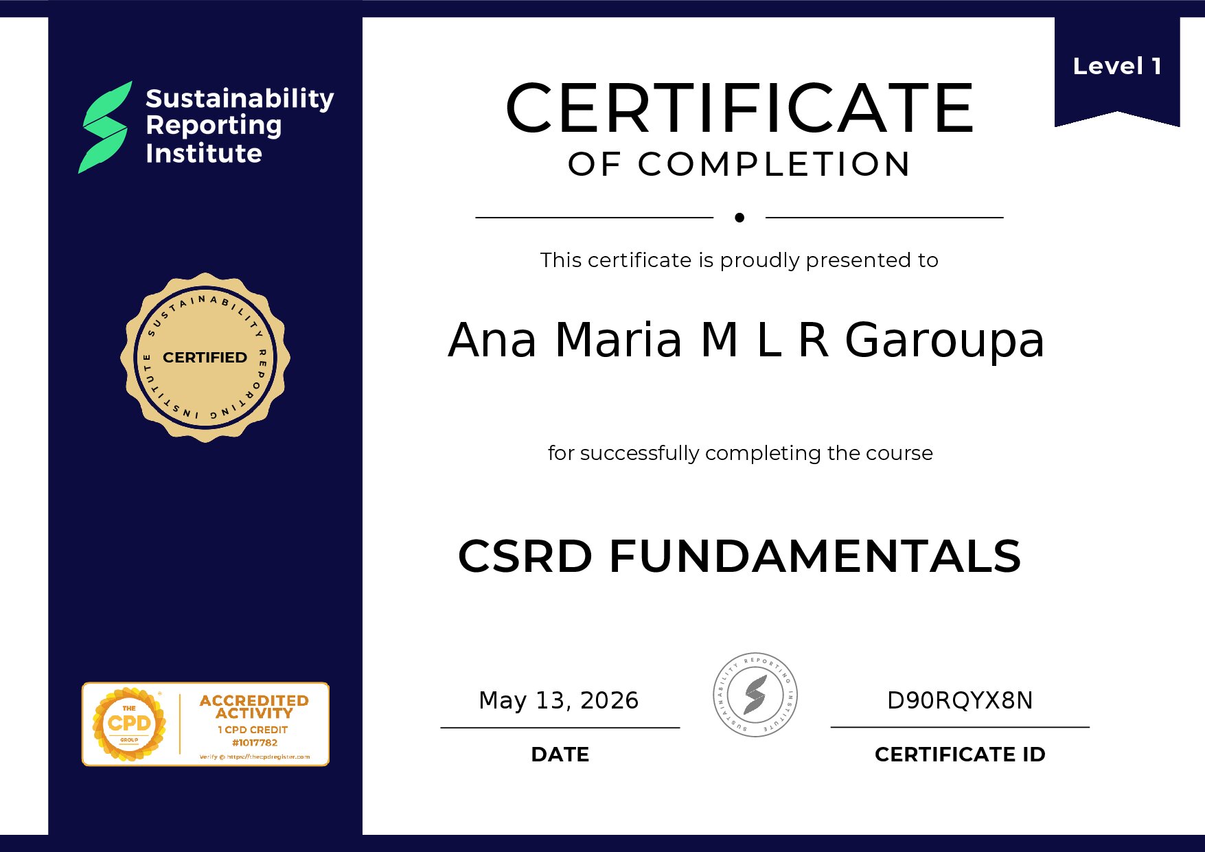 Certificate for Ana Maria M L R Garoupa