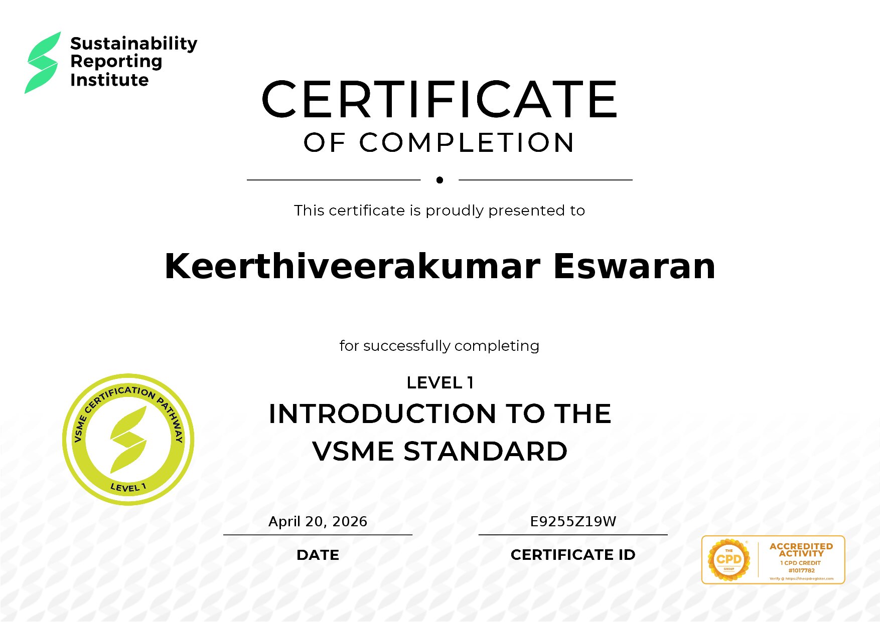 Certificate for Keerthiveerakumar Eswaran